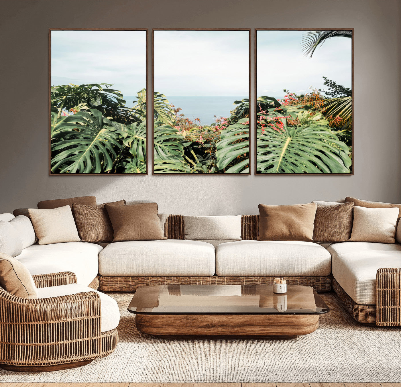 45700479-MGV-CV-36X24-Monstera Leaves Wall Art Canvas Print, Framed Tropical Ocean Art Picture Print, Tropical Foliage Perfect Tropical Coastal Jungle