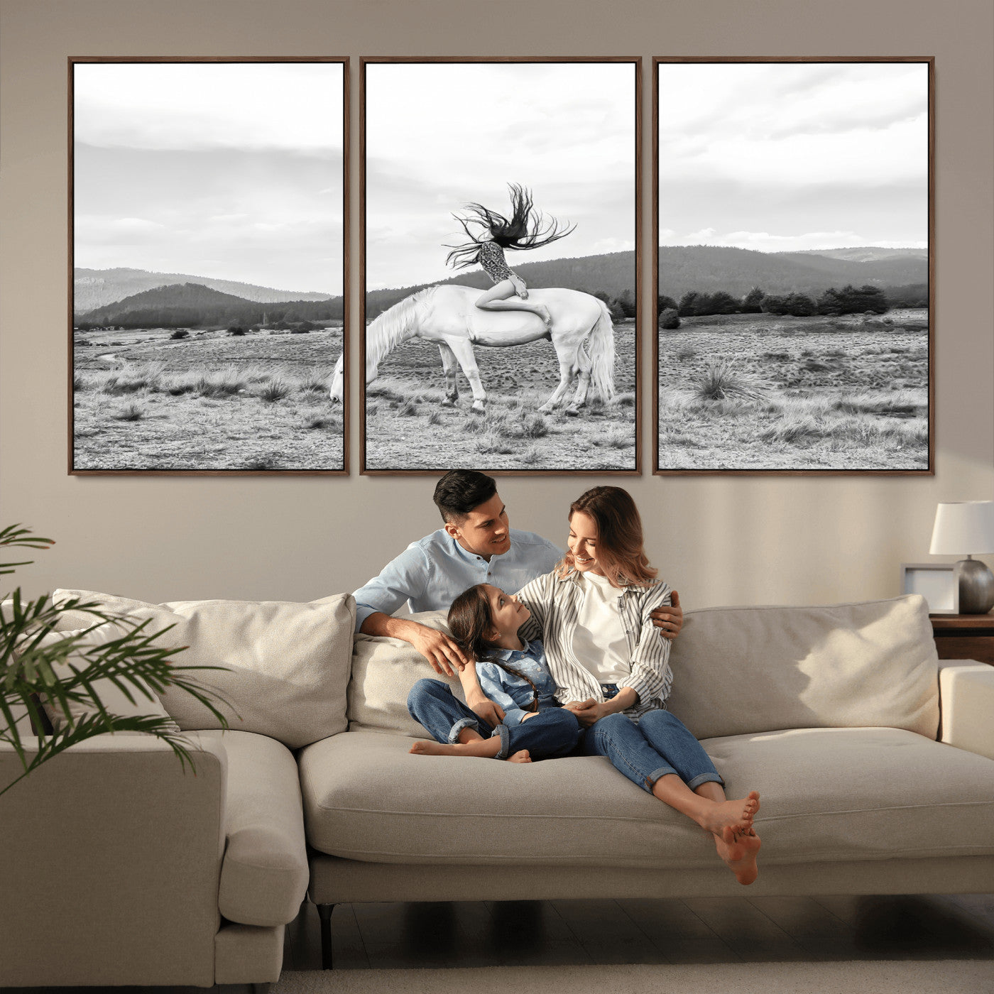 62789800-MGV-CV-36X24-White Horse Wall Art Canvas Print, Framed Woman Rider Art Picture Print, Equestrian Pose Perfect Western Boho Decor Artwork