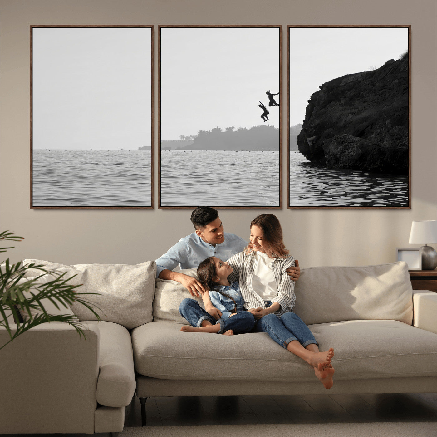 52284302-MGV-CV-36X24-Cliff Jumping Wall Art Canvas Print, Framed Ocean Adventure Art Picture Print, Black White Coast Perfect Modern Coastal Decor