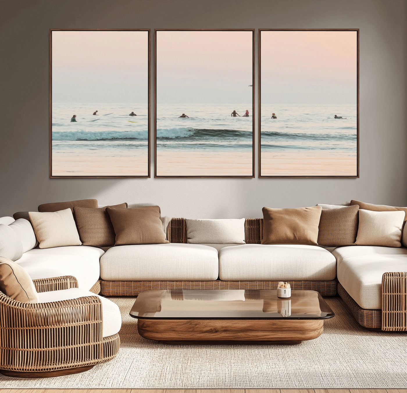 98888919-MGV-CV-36X24-Pastel Ocean Wall Art Canvas Print, Framed Soft Sunset Swimming Art Picture Print, Calm Sea Horizon Perfect Soft Coastal