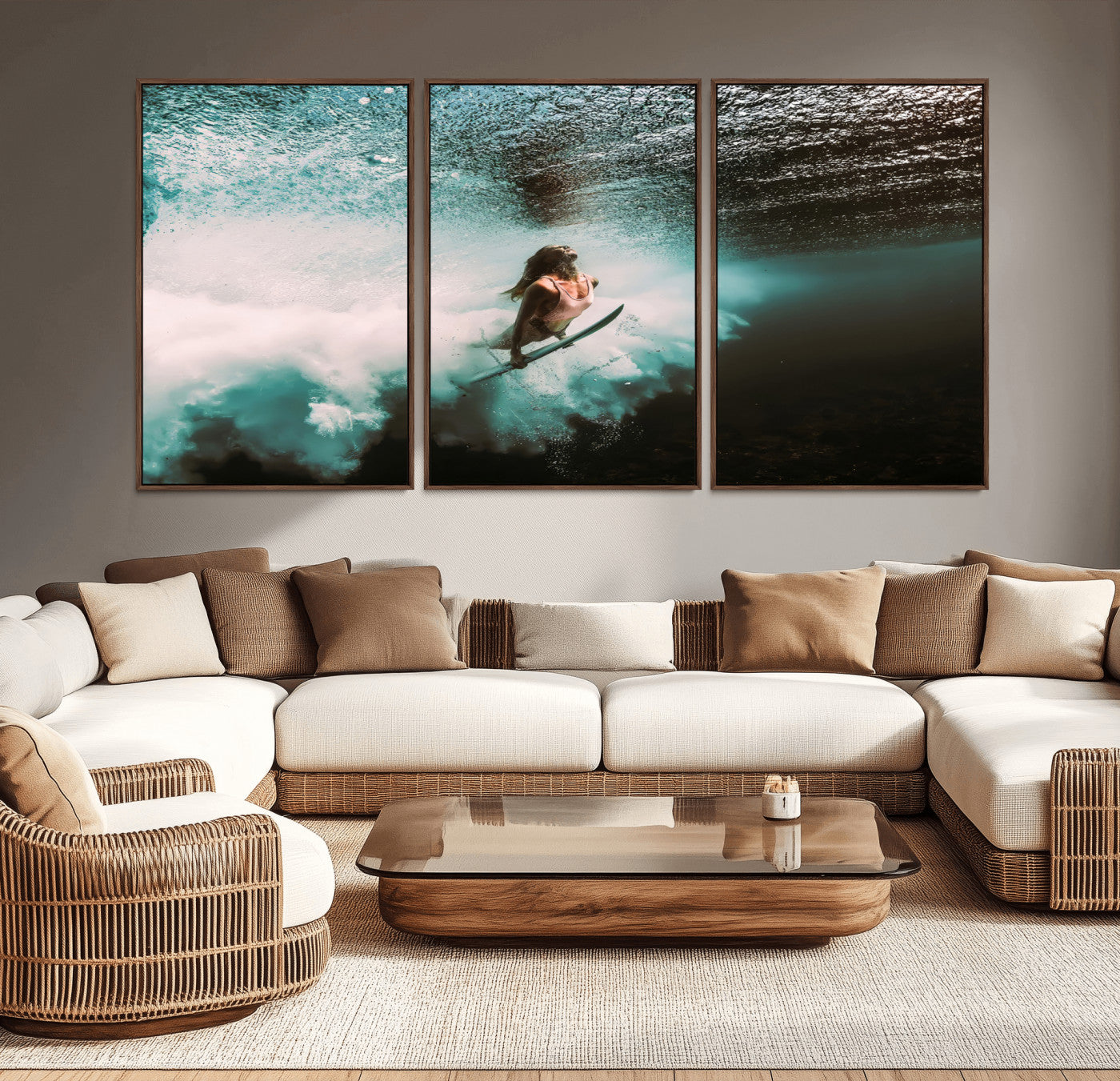 85923512-MGV-CV-36X24-Aquatic Motion Wall Art Canvas Print, Framed Underwater Swimming Art Picture Print, Female Surfer Diving Perfect Coastal Boho