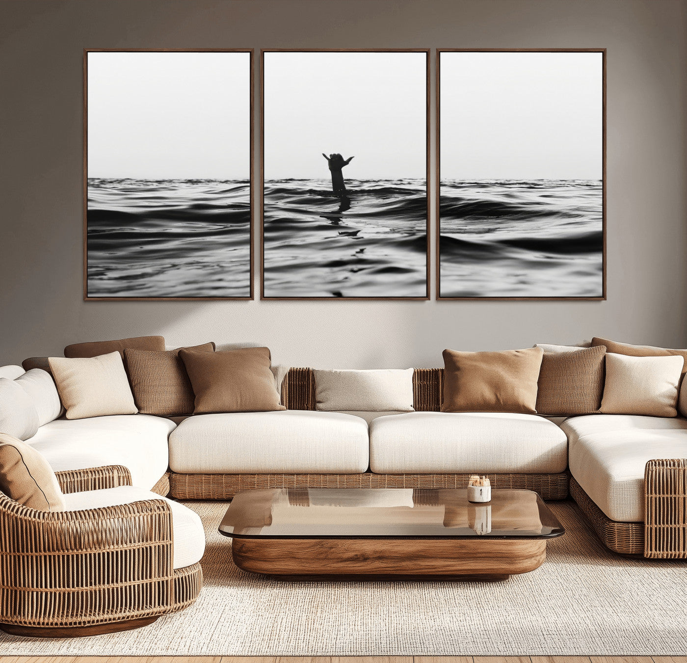 69541918-MGV-CV-36X24-Black White Ocean Wall Art Canvas Print, Framed Moody Seascape Art Picture Print, Surfer Sign Perfect Moody Minimalist Decor