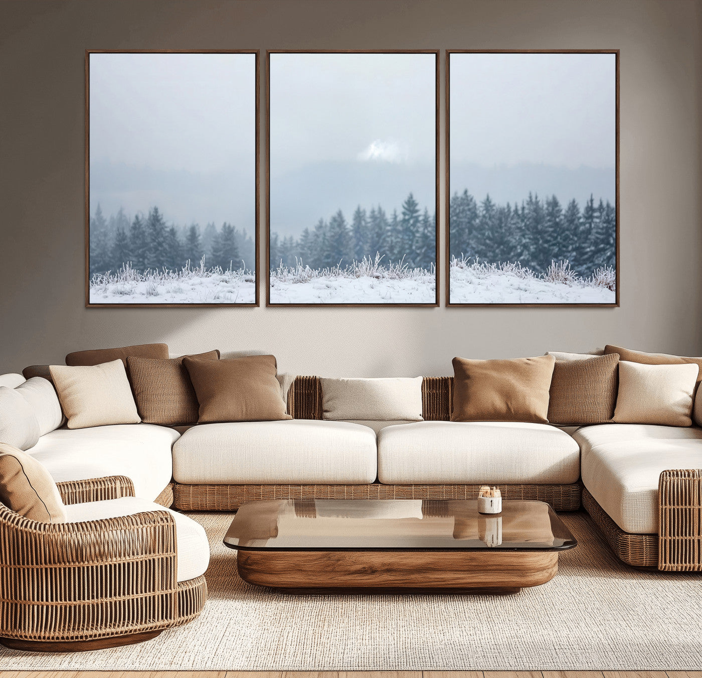 33033082-MGV-CV-36X24-Winter Forest Art Wall Art Canvas Print, Framed Snowy Landscape Art Picture Print, Misty Tree Scene Perfect Nordic Minimalist