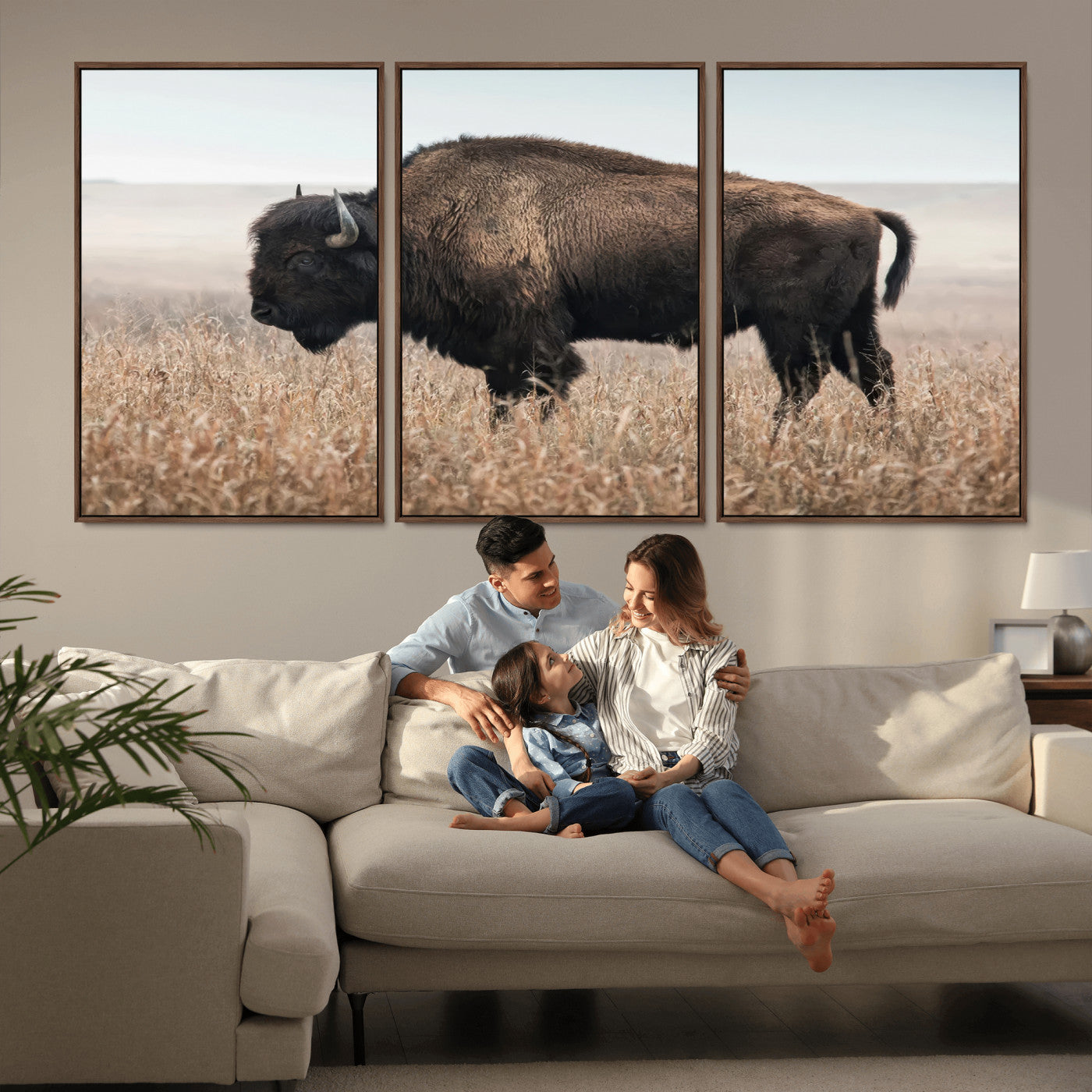 34451925-MGV-CV-36X24-Rustic Bison Decor Wall Art Canvas Print, Framed Buffalo Home Accent Art Picture Print, Prairie Wildlife Scene Perfect Western