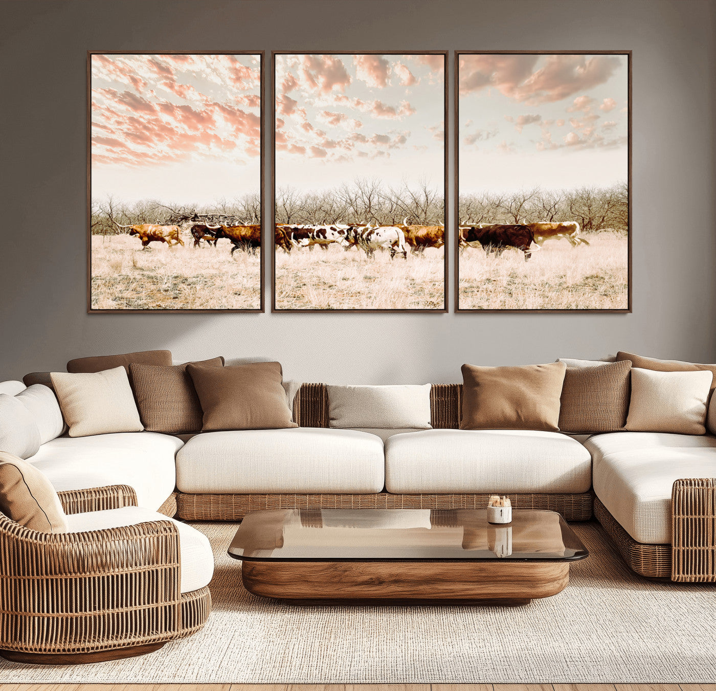 43704663-MGV-CV-36X24-Country Cow Herd Wall Art Canvas Print, Framed Farmhouse Cattle Scene Art Picture Print, Rustic Ranch Decor Perfect Rustic