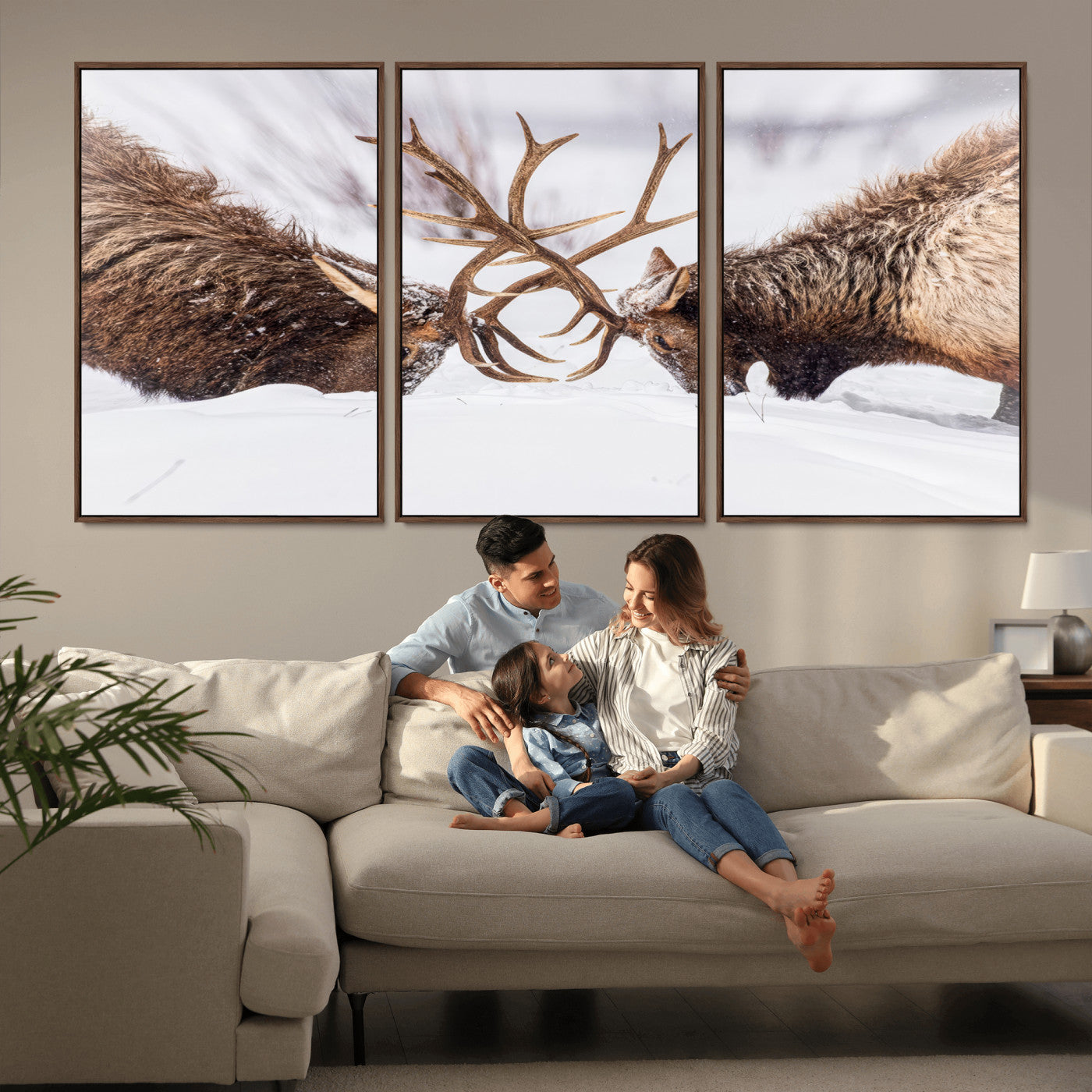 36507609-MGV-CV-36X24-Elk Clash Scene Wall Art Canvas Print, Framed Wildlife Strength Decor Art Picture Print, Snowy Forest Elk Perfect Rustic Lodge