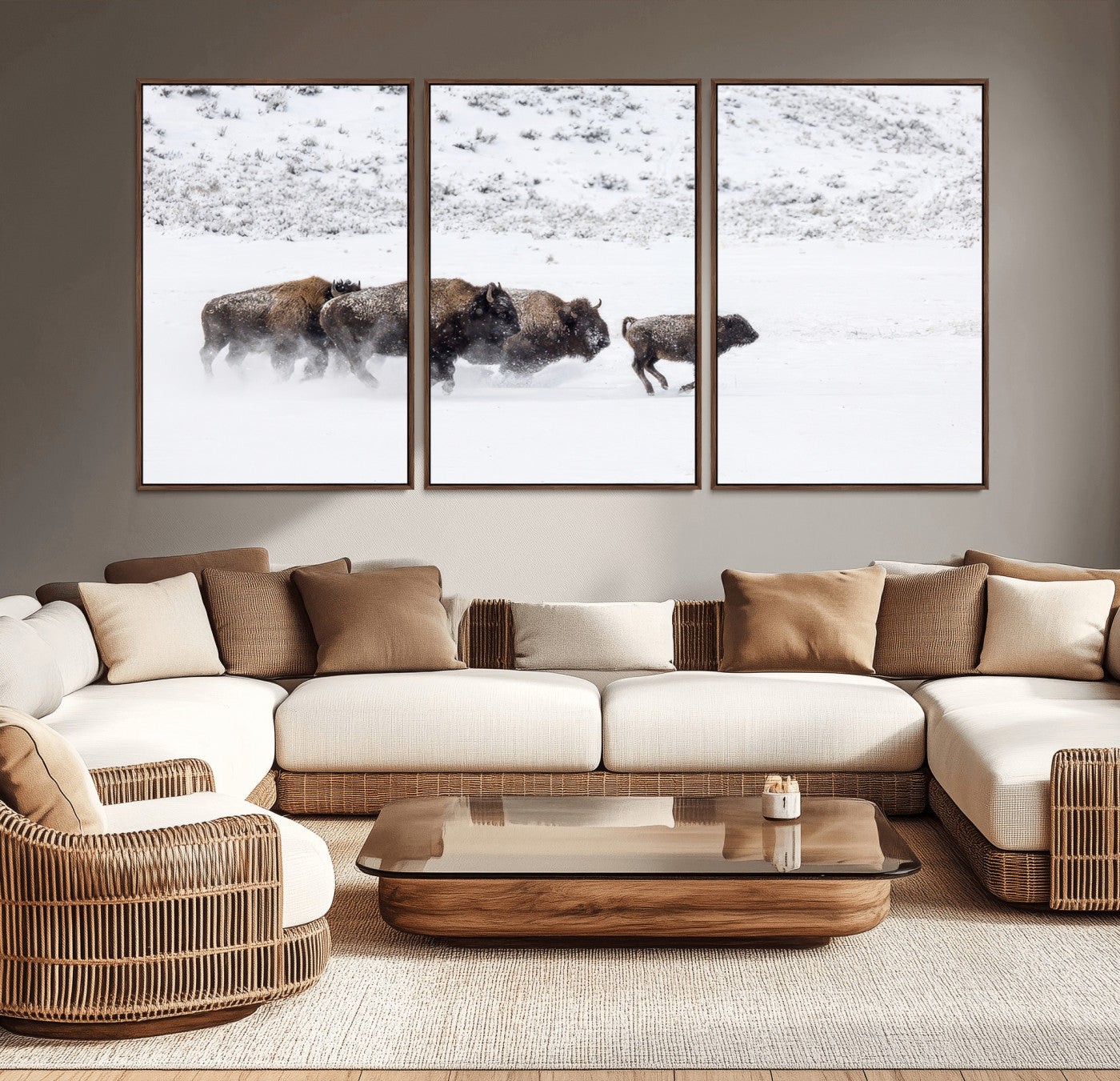 56216945-MGV-CV-36X24-Bison Herd Decor Wall Art Canvas Print, Framed Snowy Bison Scene Art Picture Print, Winter Wildlife Theme Perfect Rustic Western