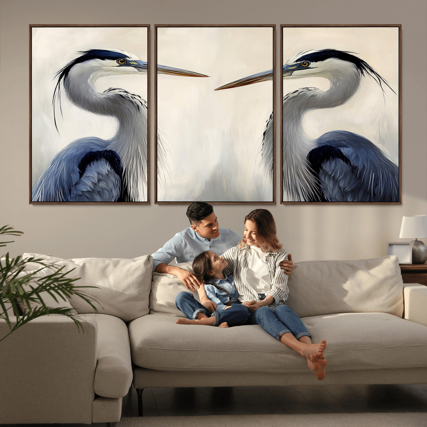 18230556-MGV-CV-36X24-Blue Heron Pair Wall Art Canvas Print, Framed Coastal Bird Theme Art Picture Print, Tranquil Wildlife Scene Perfect Coastal