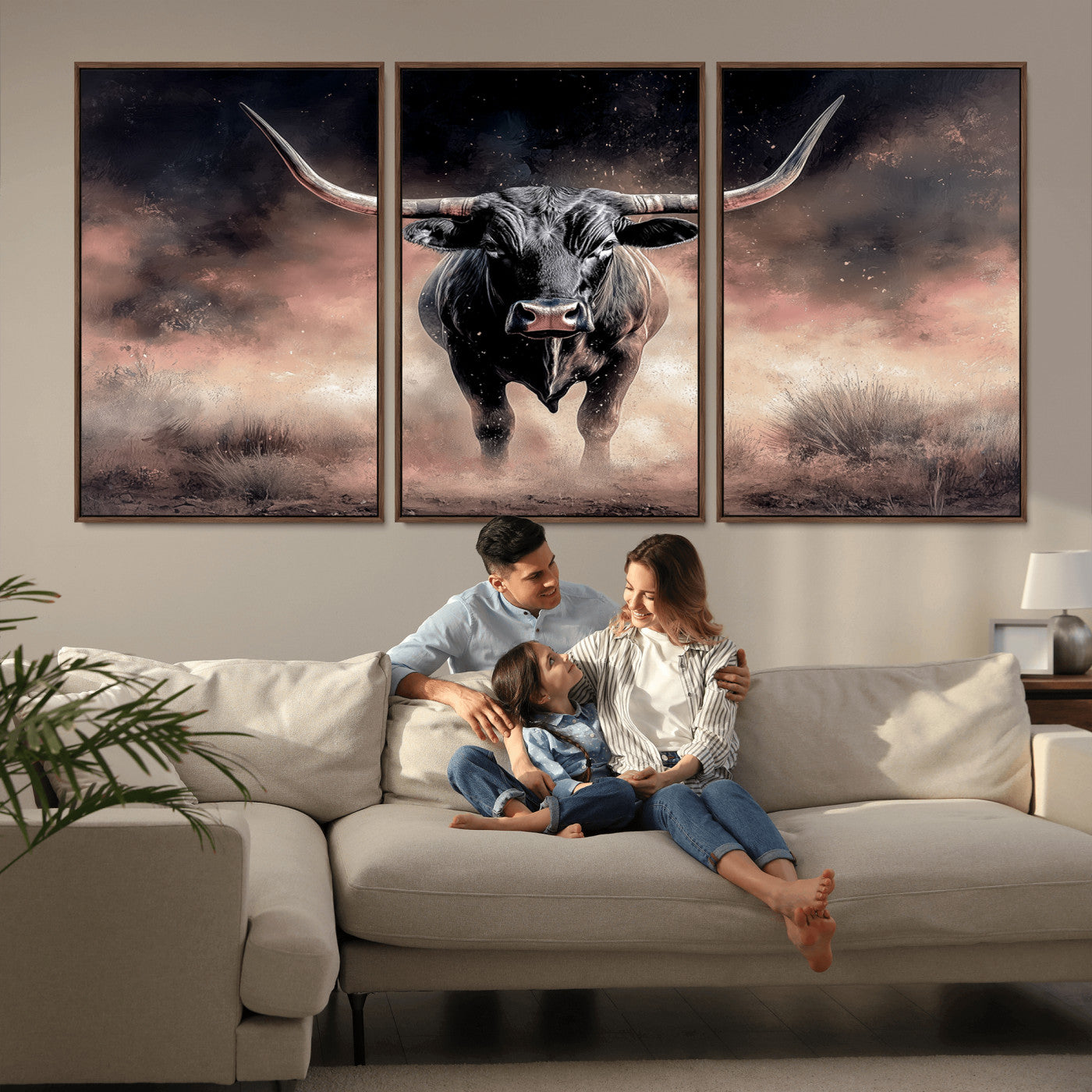 71457818-MGV-CV-36X24-Longhorn Wall Art Wall Art Canvas Print, Framed Western Bull Canvas Art Picture Print, Rustic Cow Decor Perfect Western Dramatic