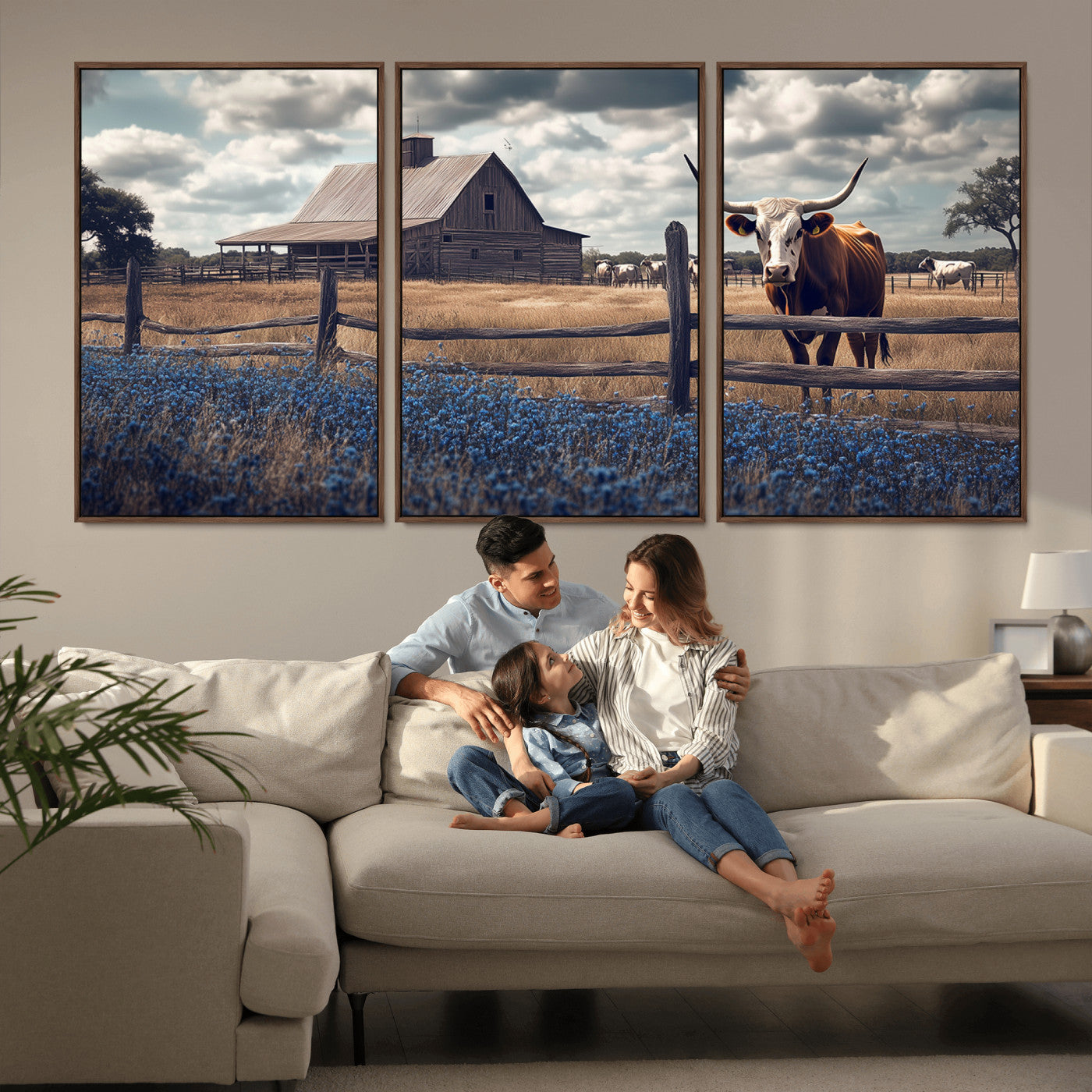 51092814-MGV-FC-60X30-3P_Walnut-Texas Longhorn Wall Art Wall Art Canvas Print, Framed Rustic Barn Canvas Art Picture Print, Farmhouse Cow Decor Perfect Rustic