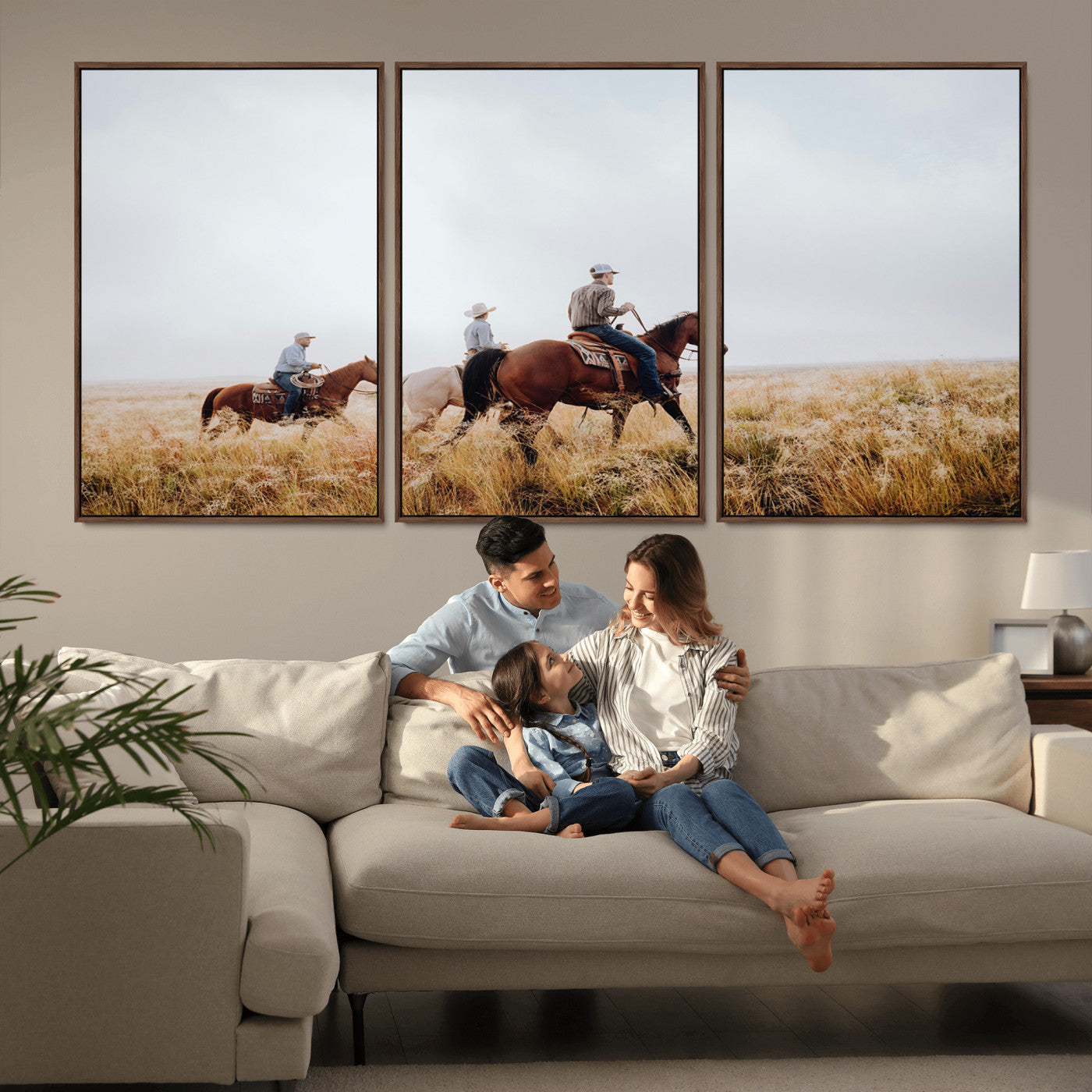 94723307-MGV-CV-36X24-Western Cowboys Wall Art Canvas Print, Framed Rustic Prairie Art Picture Print, Horseback Riding Perfect Rustic Western Decor