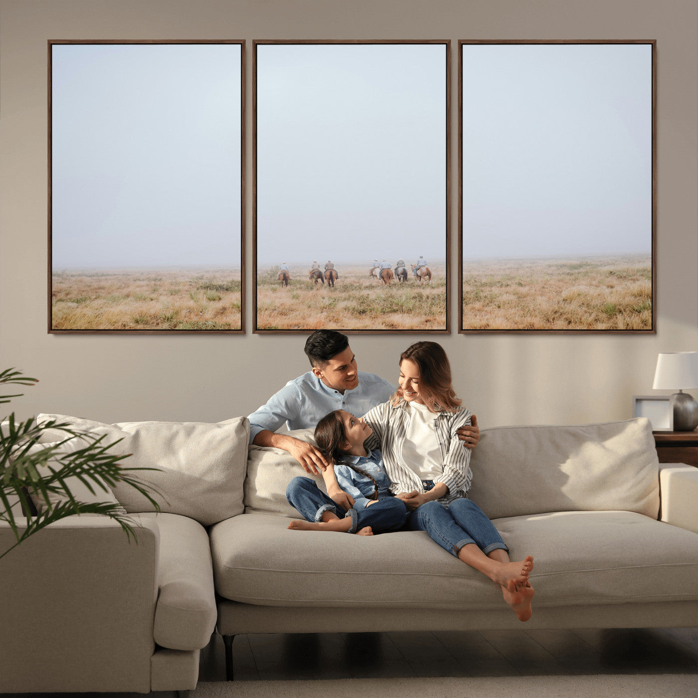 14761944-MGV-CV-36X24-Foggy Plains Wall Art Canvas Print, Framed Horseback Riders Art Picture Print, Rustic Western Perfect Rustic Western Decor Artwork