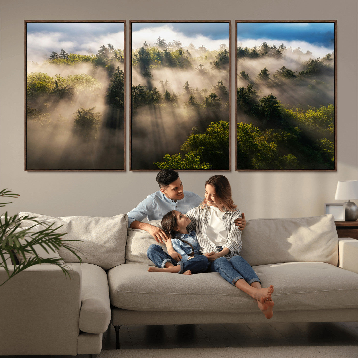 14785710-MGV-CV-36X24-Tranquil Forest Scene Wall Art Canvas Print, Framed Sunbeam Through Trees Art Picture Print, Moody Green Wall Art Perfect