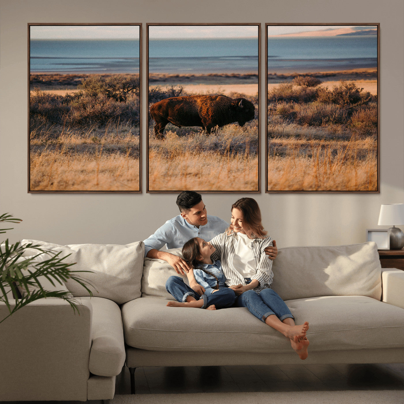 39509187-MGV-CV-36X24-Western Wildlife Wall Art Canvas Print, Framed Bison Art Picture Print, Golden Hour Perfect Western Rustic Decor Artwork