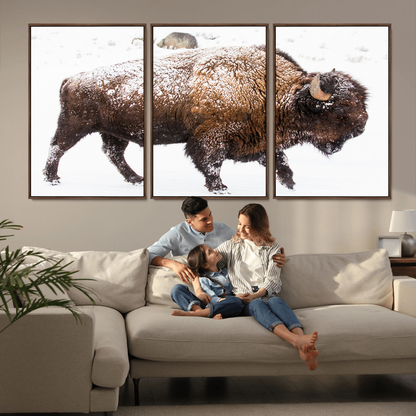 94261165-MGV-CV-36X24-Snowy Buffalo Wall Art Canvas Print, Framed Wildlife Photography Art Picture Print, Brown Tones Perfect Rustic Lodge Decor Decor