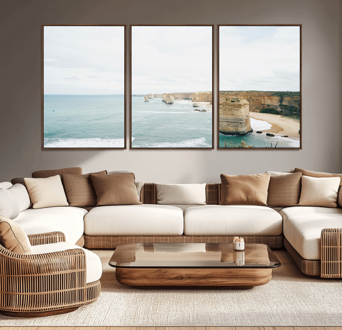 70095633-MGV-CV-36X24-Twelve Apostles Wall Art Canvas Print, Framed Coastal Cliffs Art Picture Print, Rugged Rock Formations Perfect Minimalist Coastal