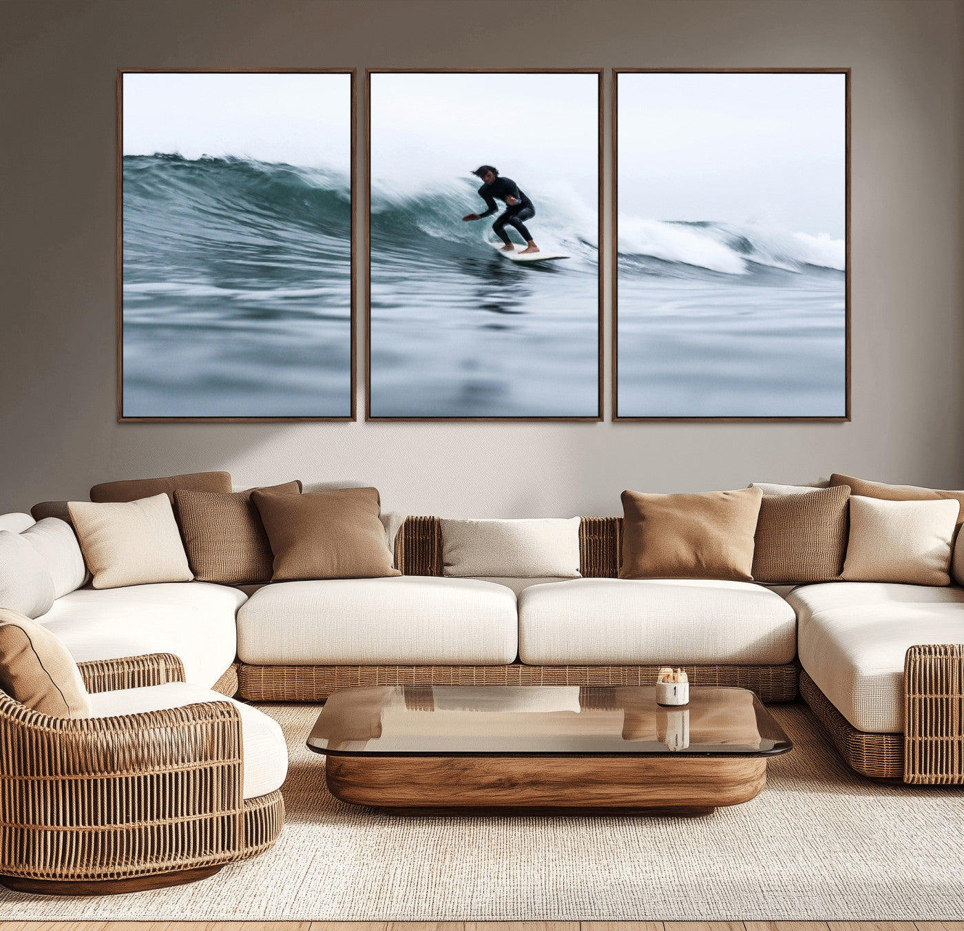 11693607-MGV-CV-36X24-Surfer on Wave Wall Art Canvas Print, Framed Ocean Adventure Art Picture Print, Motion Blur Water Perfect Coastal Adventure Decor