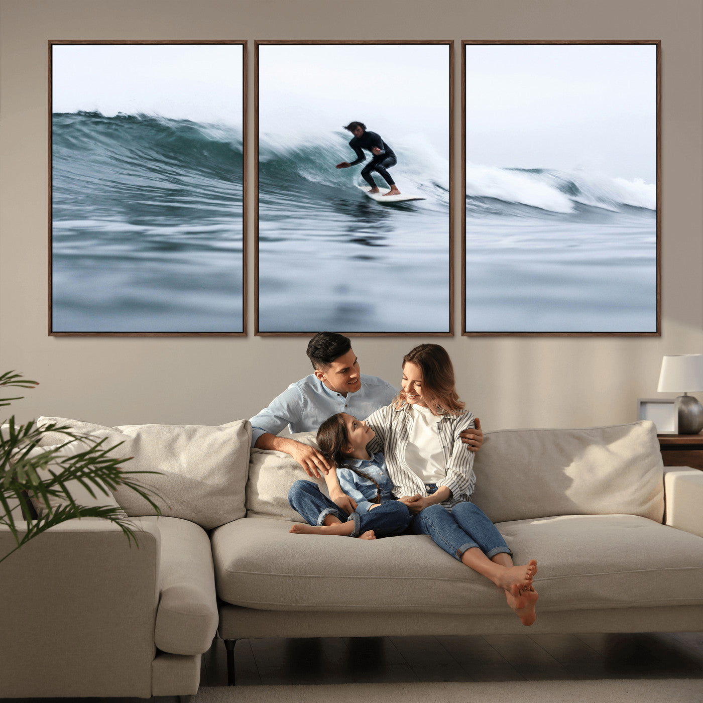 11693607-MGV-CV-36X24-Surfer on Wave Wall Art Canvas Print, Framed Ocean Adventure Art Picture Print, Motion Blur Water Perfect Coastal Adventure Decor
