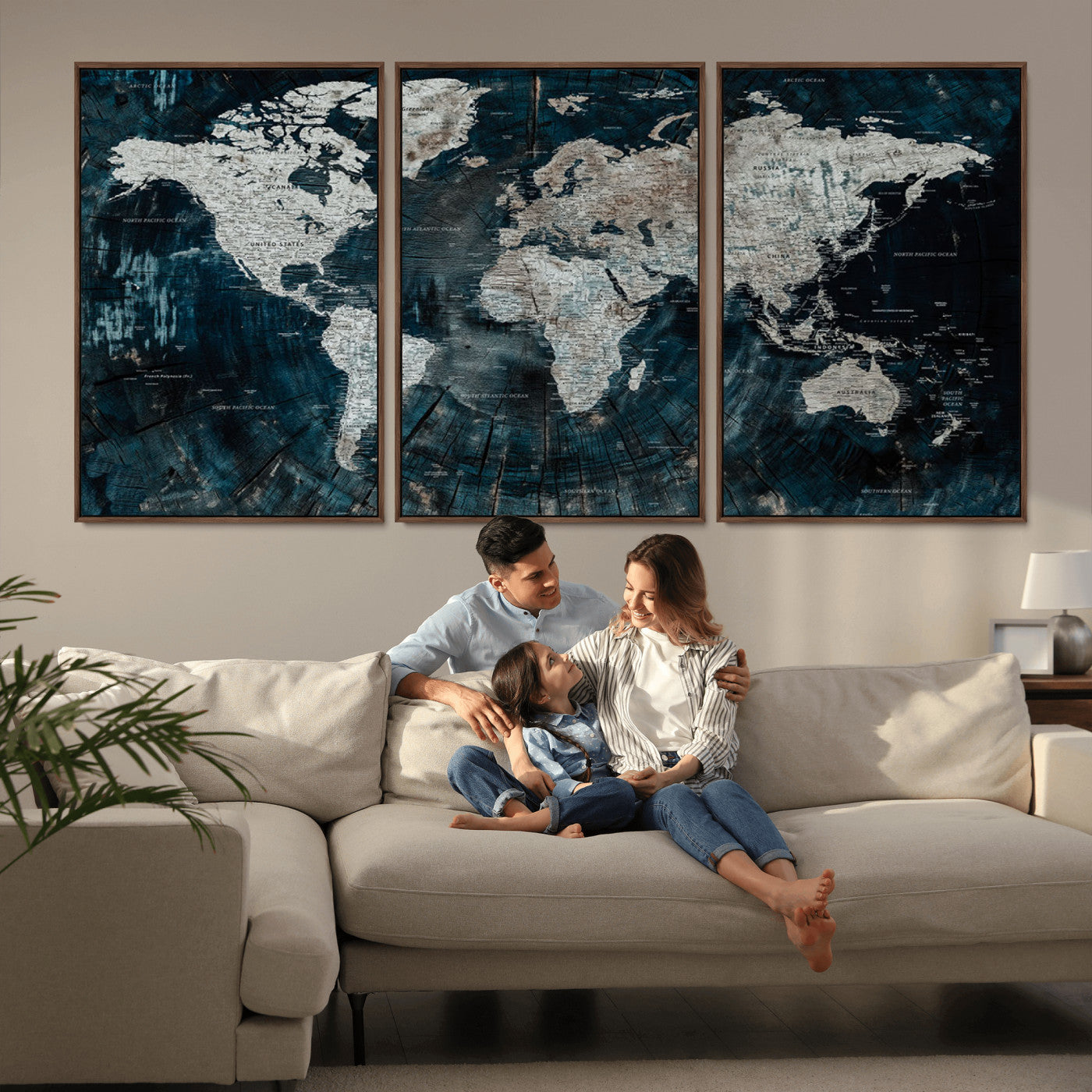 34425609-MGV-CV-36X24-World Map Wall Art – Rustic Navy and Grey Atlas Canvas Print, Distressed Explorer Map Artwork, Industrial Style Decor for Office,