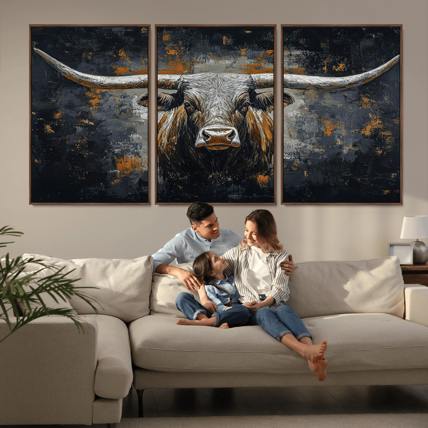 93195031-MGV-CV-36X24-Dark Longhorn Bull Wall Art – Western Steer Canvas Print, Moody Rustic Animal Painting for Man Cave, Ranch House, Office or Modern