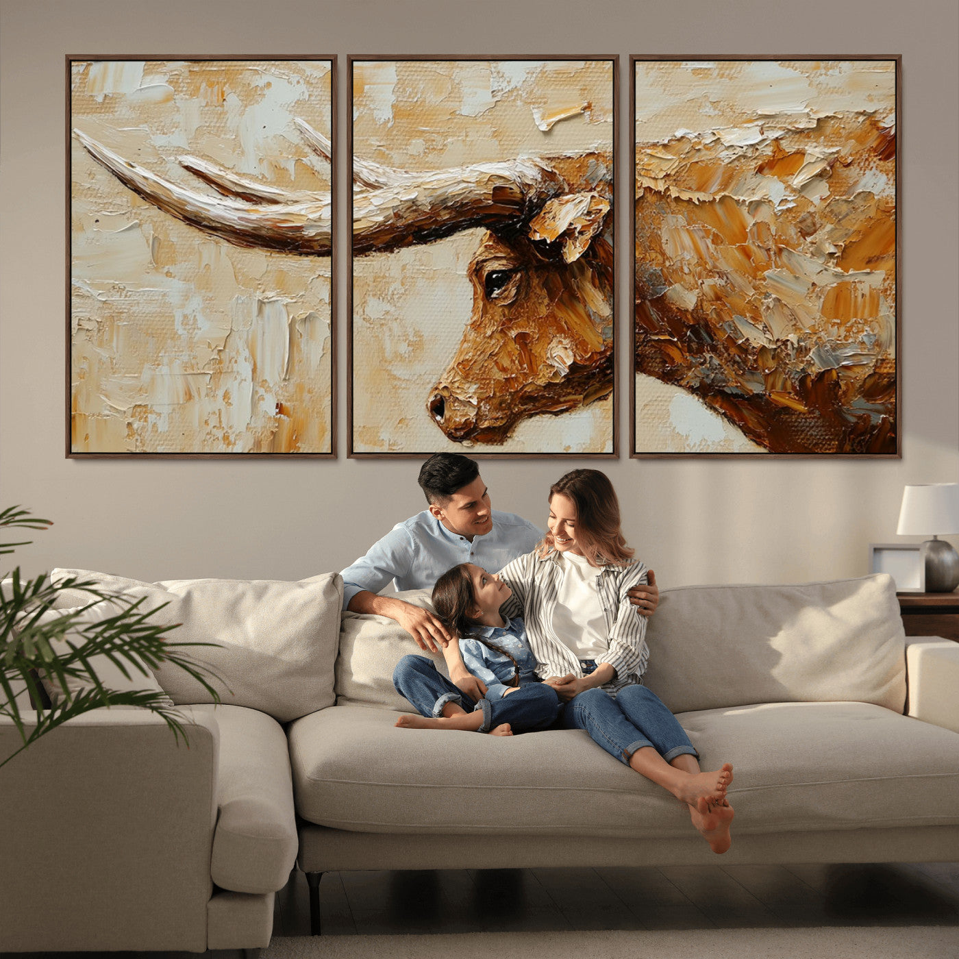 69611428-MGV-CV-36X24-Longhorn Bull Wall Art – Rustic Western Canvas Print, Textured Farmhouse Cattle Painting for Living Room, Office, or Ranch House