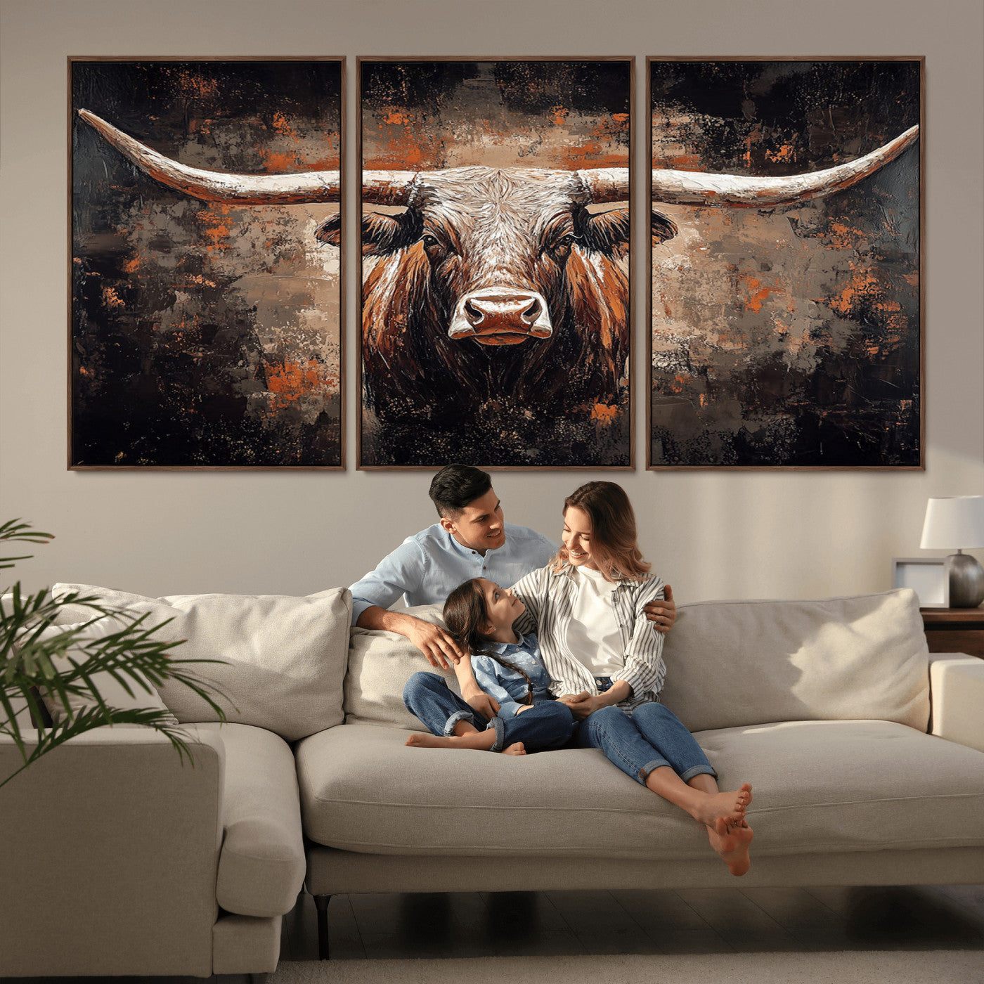 24779067-MGV-CV-36X24-Longhorn Bull Wall Art – Western Rustic Canvas Print, Bold Cowboy Cattle Painting for Ranch House, Farmhouse, Office, or Living