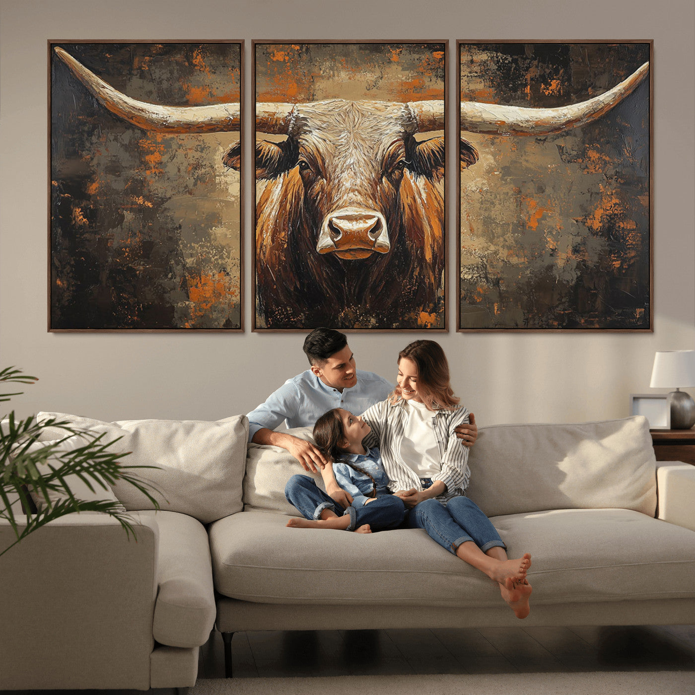 19204445-MGV-CV-36X24-Texas Longhorn Bull Wall Art – Rustic Western Canvas Print, Bold Cowboy Cattle Painting for Ranch House, Farmhouse, Office, or