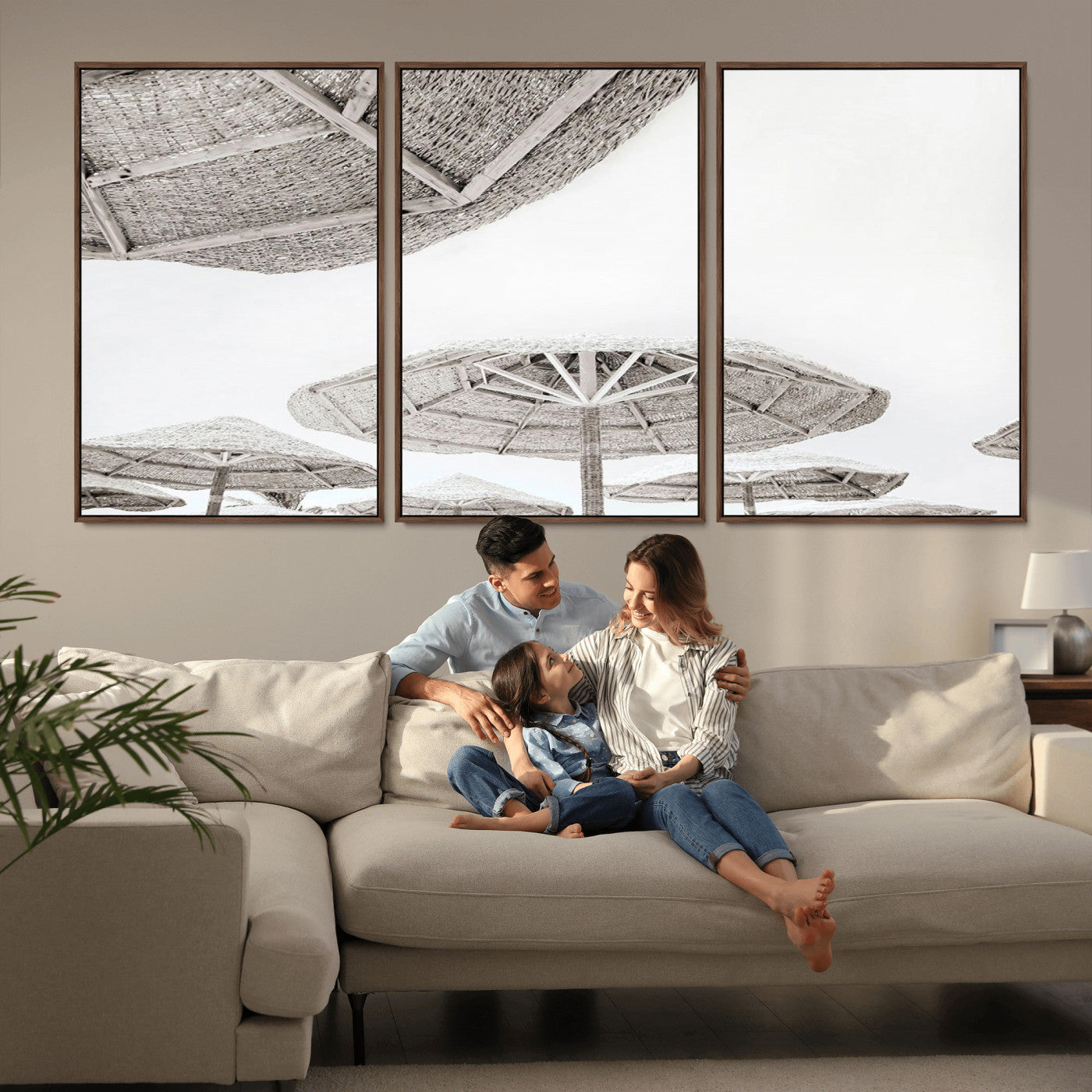 97043123-MGV-CV-36X24-Beach Umbrella Wall Art – Minimalist Coastal Canvas Print, Woven Parasol Summer Decor for Bedroom, Living Room, or Modern Beach