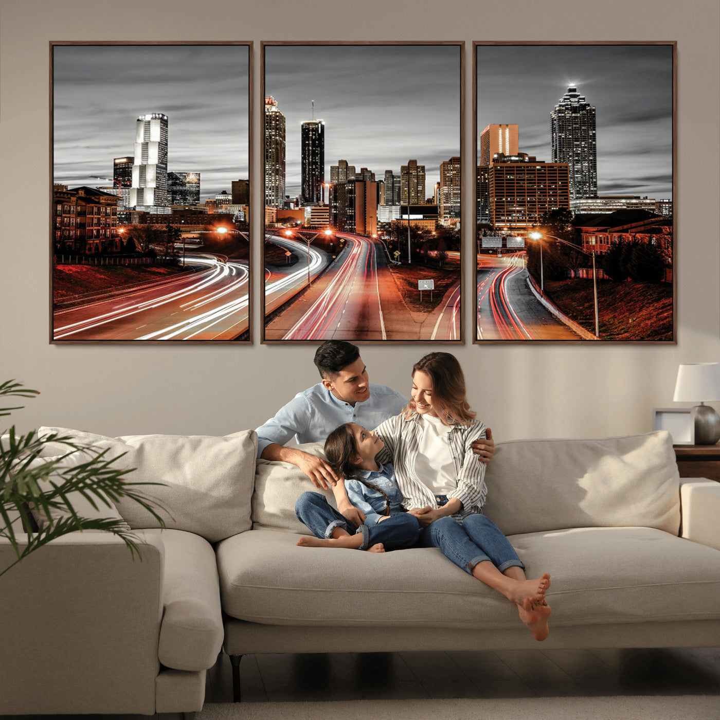 59097239-MGV-CV-36X24-City Skyline Wall Art – Modern Black and White Night Canvas Print with Red Light Trails, Urban Landscape Decor for Living Room or