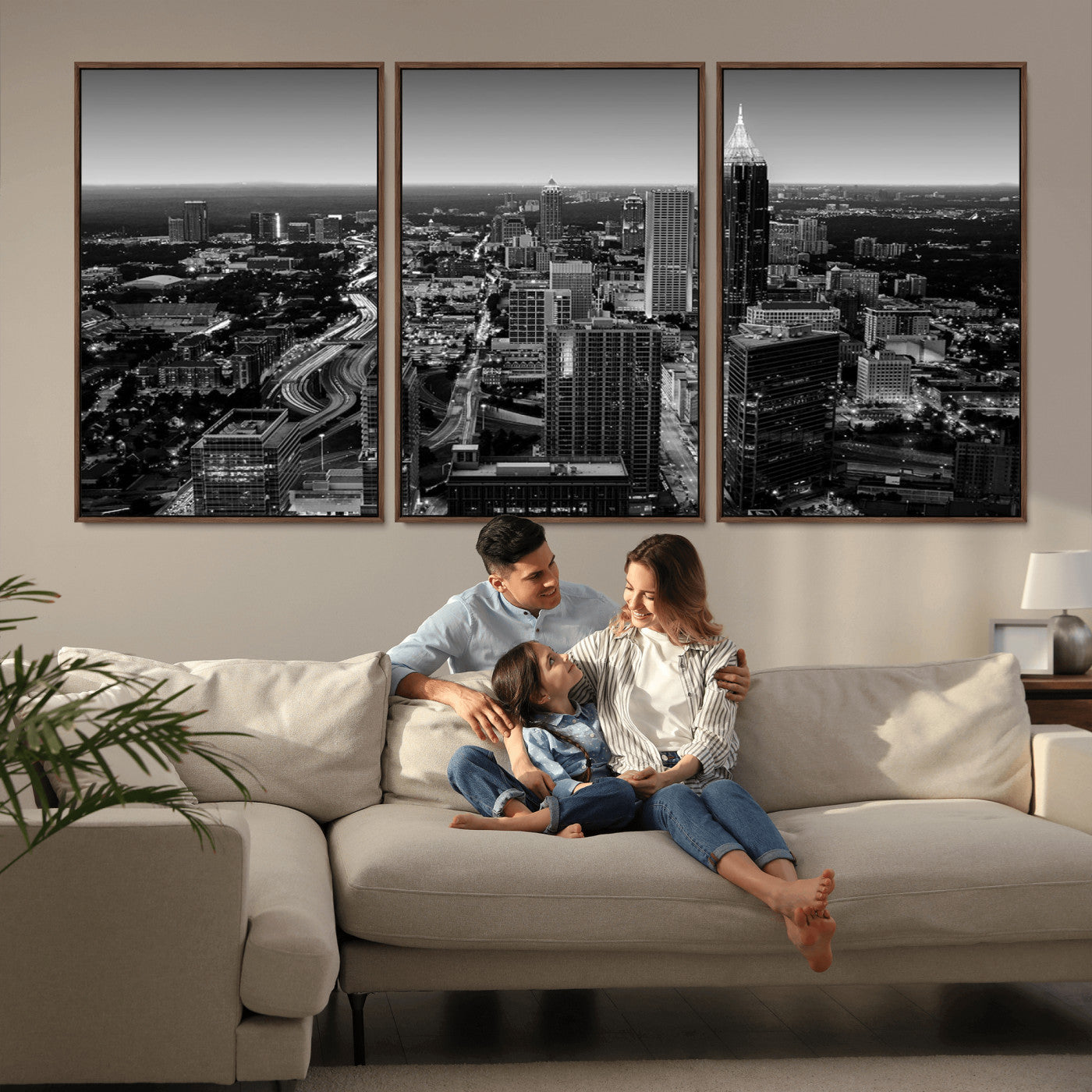 46578567-MGV-CV-36X24-Atlanta Skyline Wall Art – Black and White Cityscape Canvas Print, Modern Urban Night Decor for Office, Living Room, or Apartment