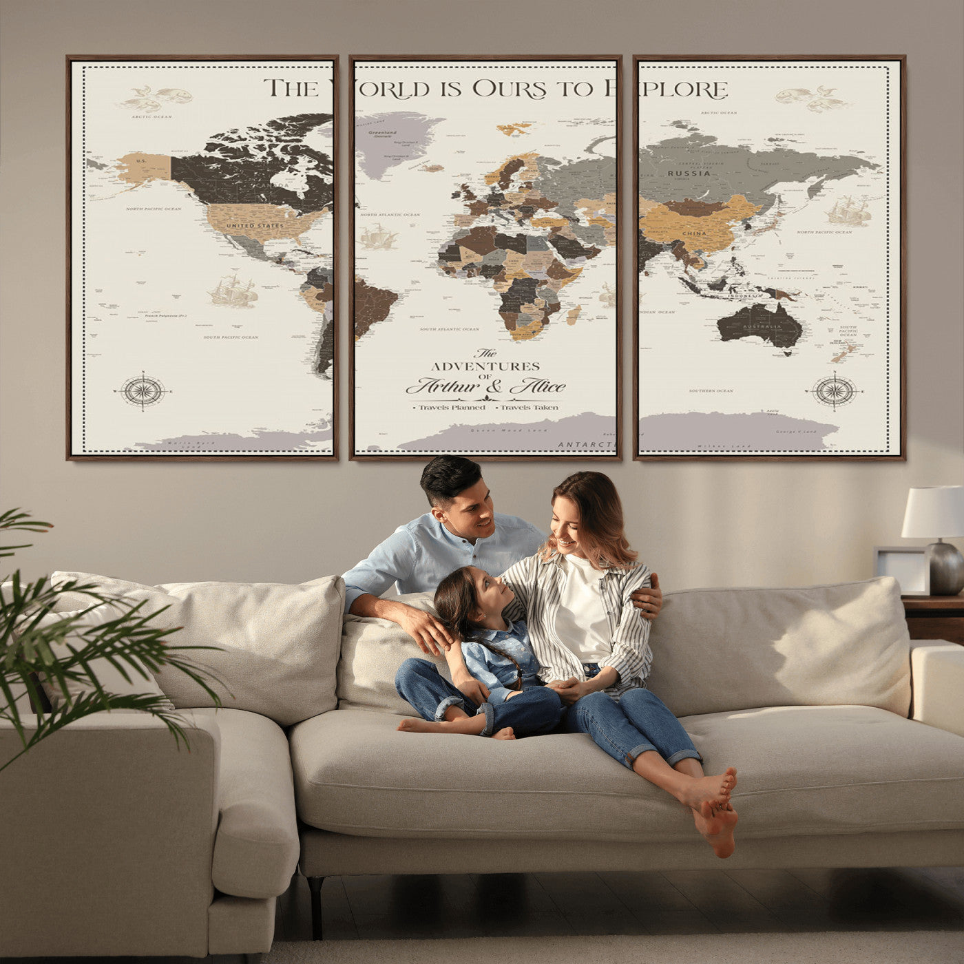 90024882-MGV-CV-36X24-The World is Ours to Explore Wall Art – Earth Tone World Map Canvas Print, Adventure Travel Decor for Living Room, Office or