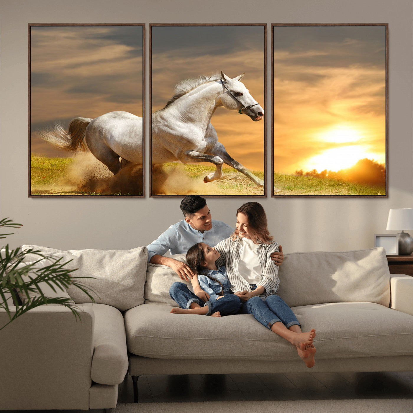44295212-MGV-FC-60X30-3P_Walnut-Horse Wall Art – Running White Stallion Canvas Print with Sunset Background, Western Wildlife Decor for Living Room, Office, or