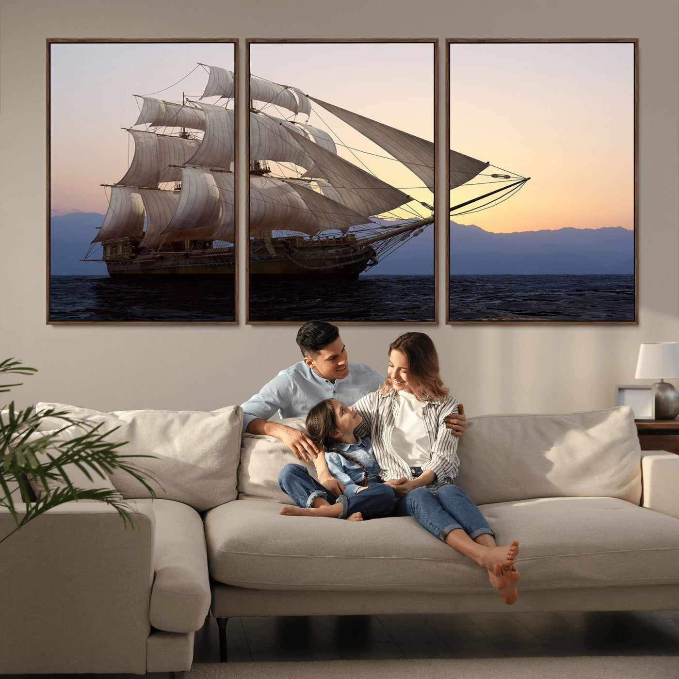 31270610-MGV-CV-36X24-Sailing Ship Wall Art – Sunset Seascape Canvas Print with Tall Ship at Sea, Nautical Ocean Decor for Living Room, Office, or
