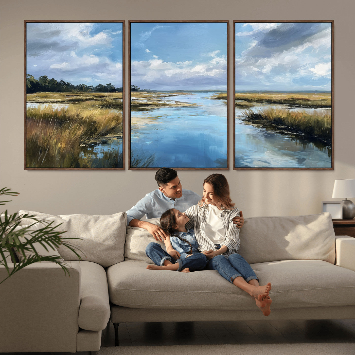 87082041-MGV-CV-36X24-Marshland Landscape Wall Art – Serene Nature Canvas Print with Blue Sky and Reflections, Tranquil Scenic Painting for Living Room,