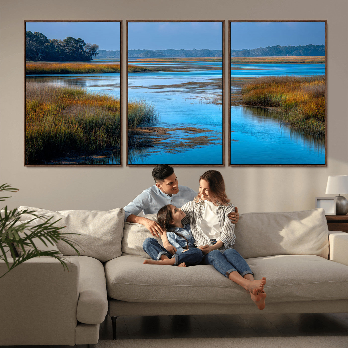 26300004-MGV-CV-36X24-Marshland Landscape Wall Art – Scenic Nature Canvas Print with Golden Grass and Blue Water, Peaceful River Photography for Living