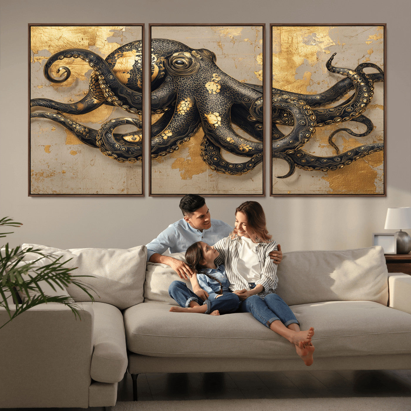 57944271-MGV-CV-36X24-Octopus Wall Art – Black and Gold Nautical Canvas Print, Modern Ocean Inspired Artwork with Elegant Detailing, Coastal Marine