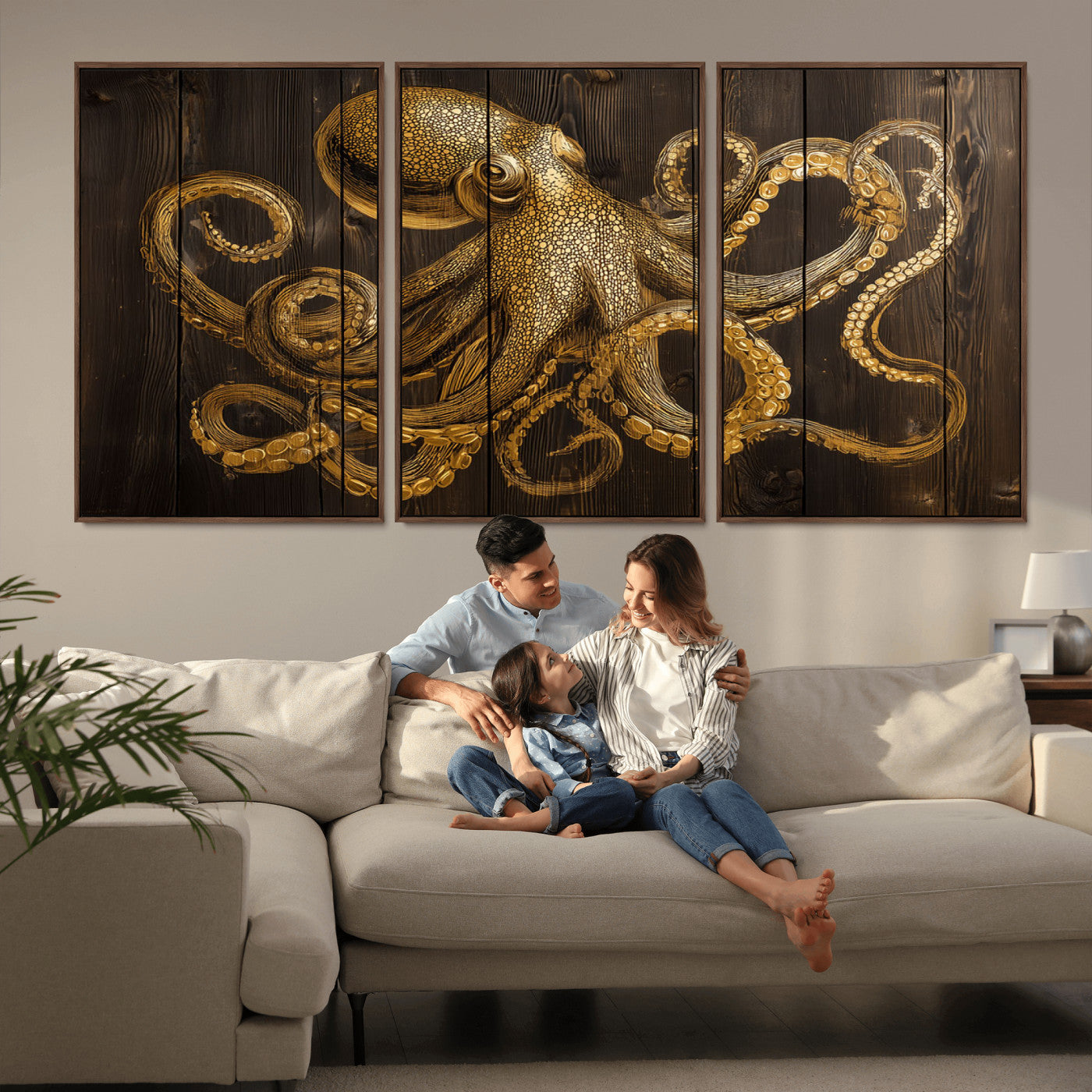 56769669-MGV-CV-36X24-Octopus Wall Art – Gold Nautical Canvas Print with Rustic Wood Panel Design, Detailed Marine Artwork for Coastal Ocean Decoration