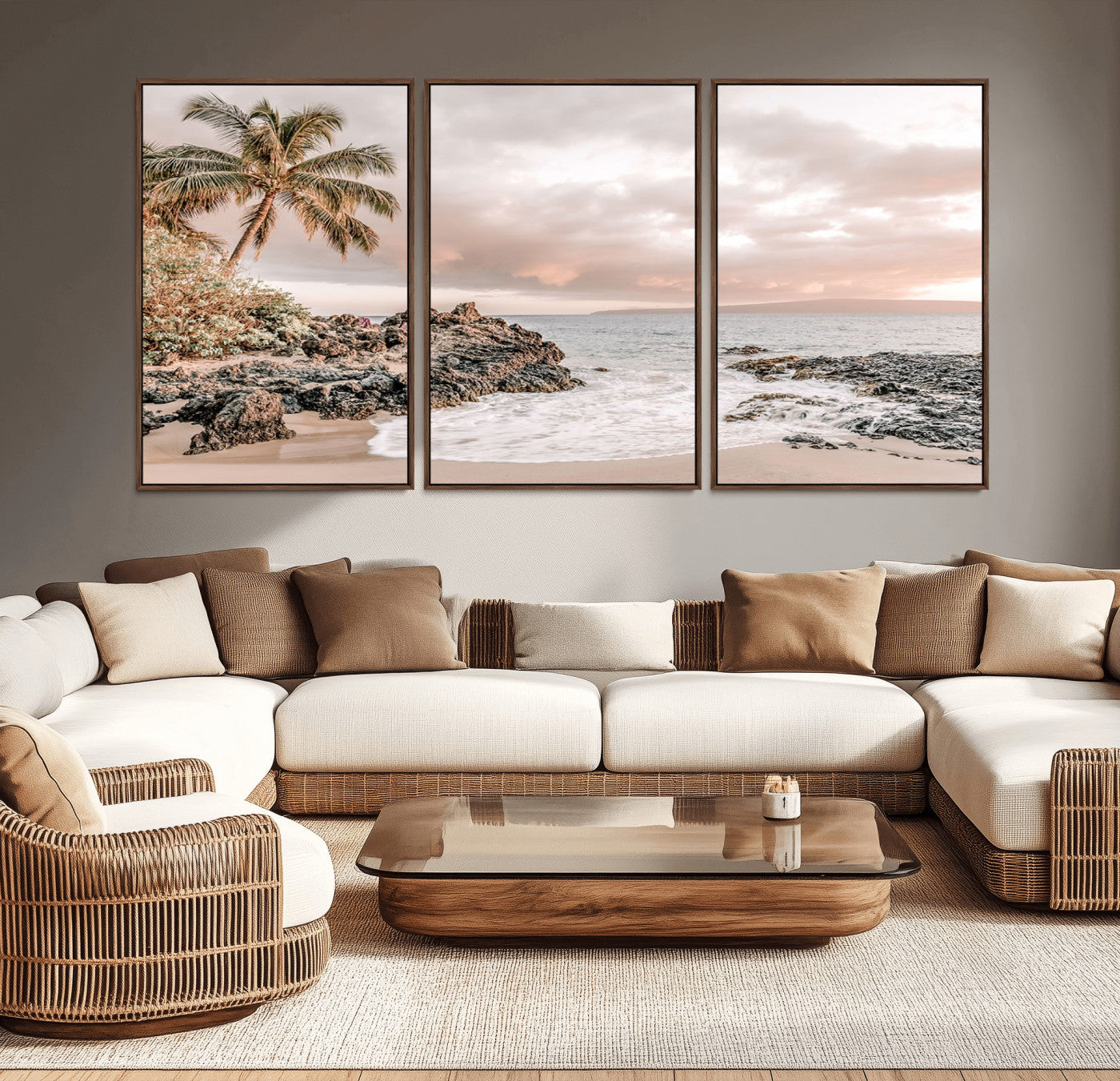 18005328-MGV-CV-36X24-Tropical Beach Canvas Wall Art – Palm Tree, Rocky Shoreline, Ocean Waves, Sunset Clouds, Calm Sea, Island Nature Relaxation for