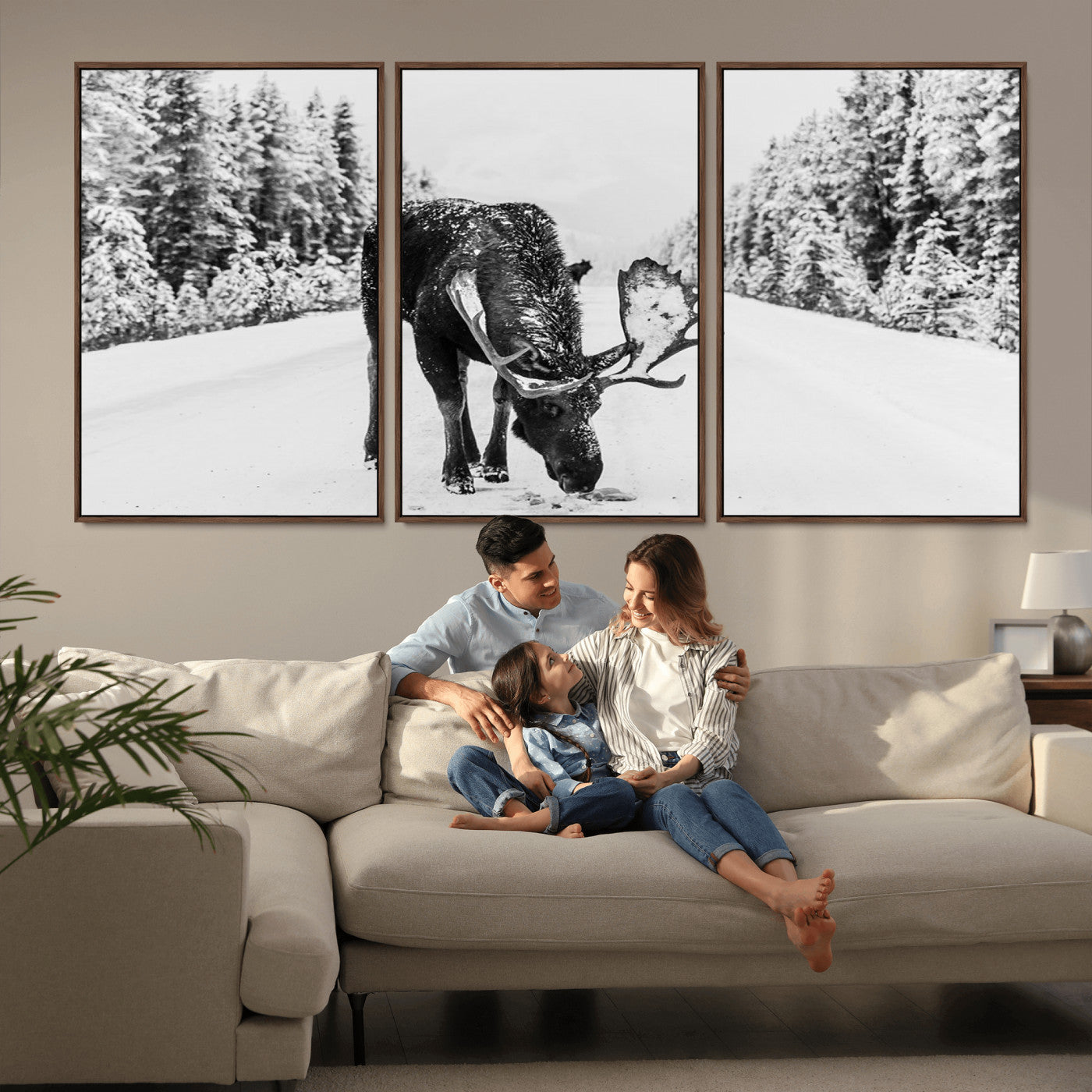 38956835-MGV-CV-36X24-Moose Wall Art – Black and White Wildlife Canvas Print with Snowy Forest Road, Rustic Nature Photography for Cabin, Lodge, Living