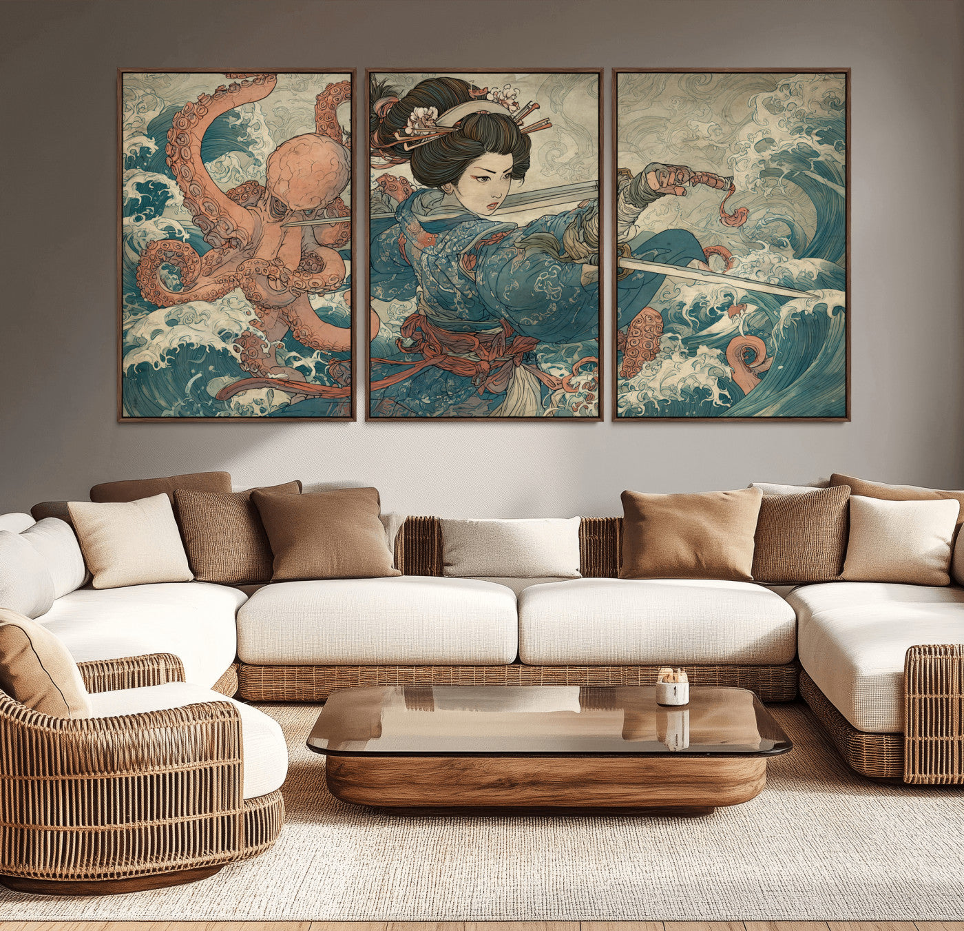 52037775-MGV-CV-36X24-Tsukioka Yoshitoshi Samurai Wall Art Print, Japanese Katana Warrior Canvas Wall Art, Octopus Sea Monster Canvas Print,
