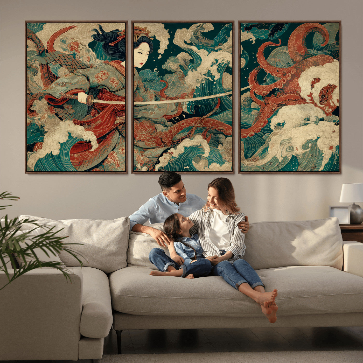 30212982-MGV-CV-36X24-Samurai Woman vs Octopus Wall Art – Japanese Ukiyo-e Style Warrior and Sea Monster Canvas Print, Mythology Inspired Artwork for
