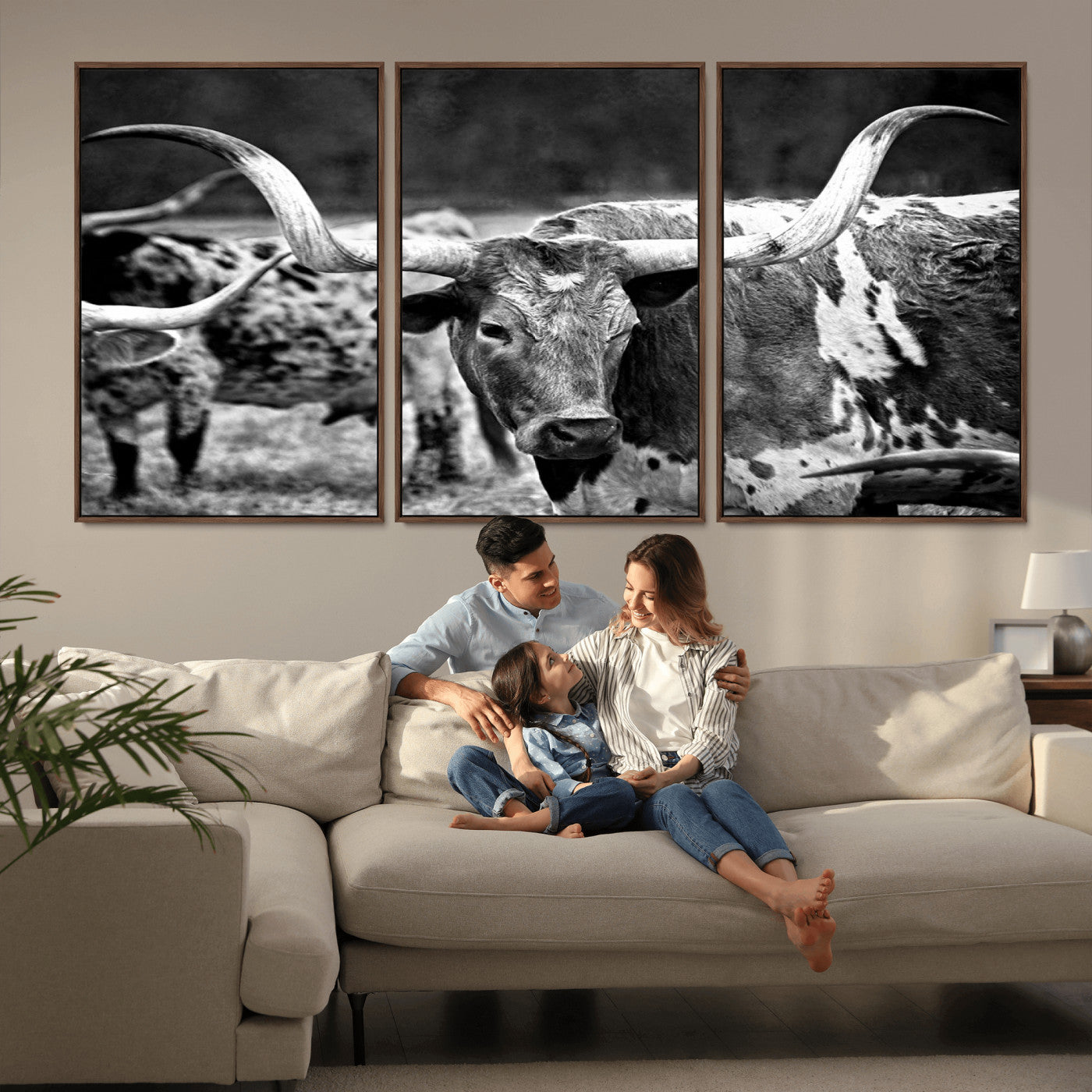 15425553-MGV-CV-36X24-Western Wall Art – Longhorn Cattle Black and White Canvas Print, Rustic Ranch Photography Decor for Bedroom, Living Room, Office,