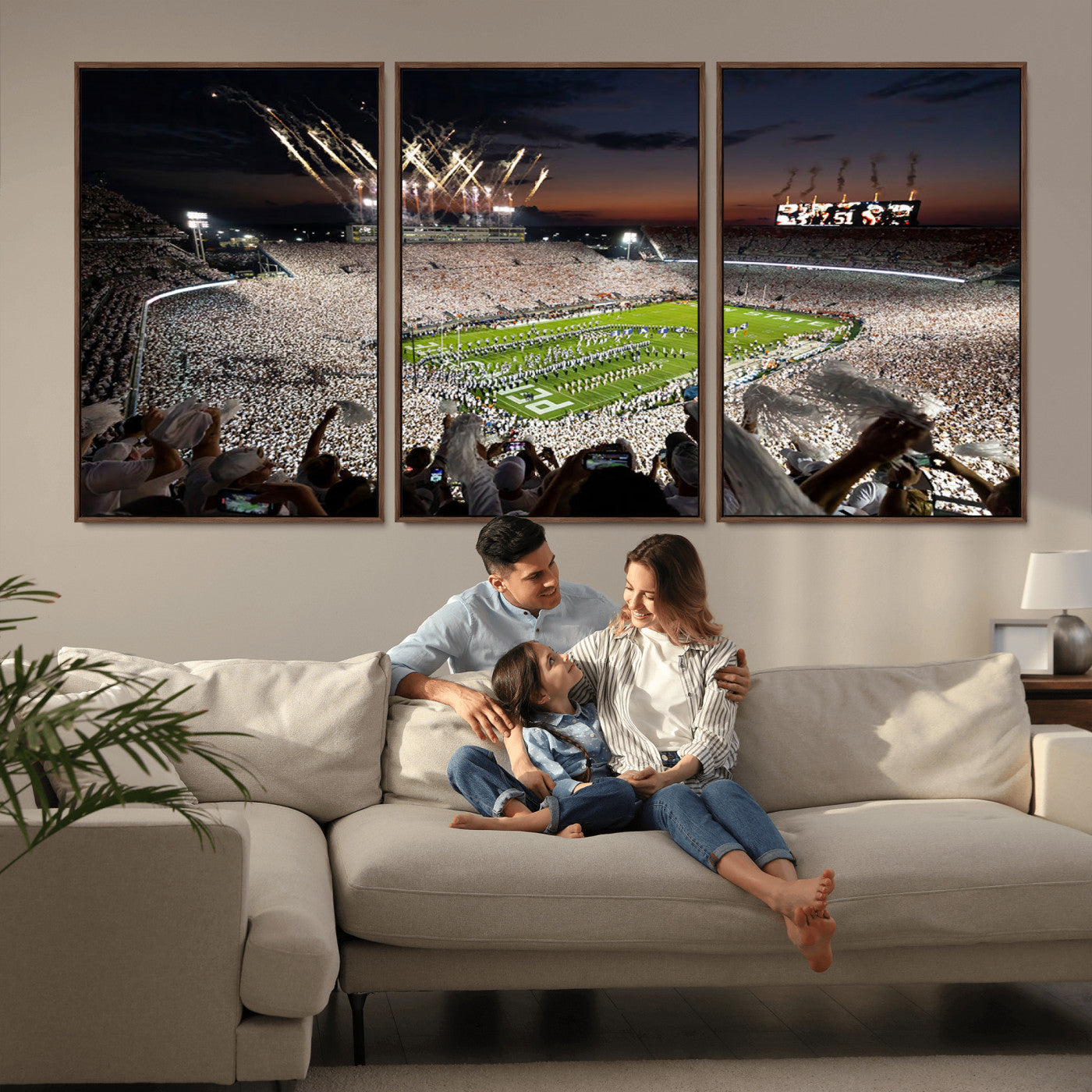 11221988-MGV-CV-36X24-Football Stadium Wall Art – Game Day Crowd with Fireworks, Sports Fan Photography Print, Stadium Decor for Man Cave, Bar, or