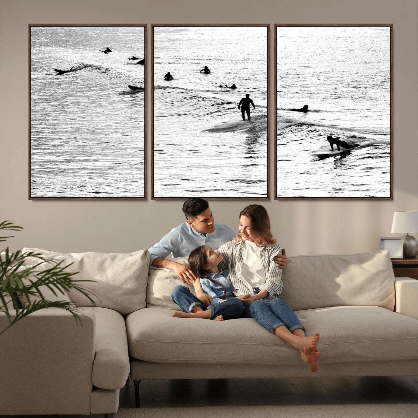 68018616-MGV-CV-36X24-Black and White Surf Photography Print – Minimalist Ocean Wall Art, Surfers Riding Waves, Coastal Beach Decor for Modern Home or