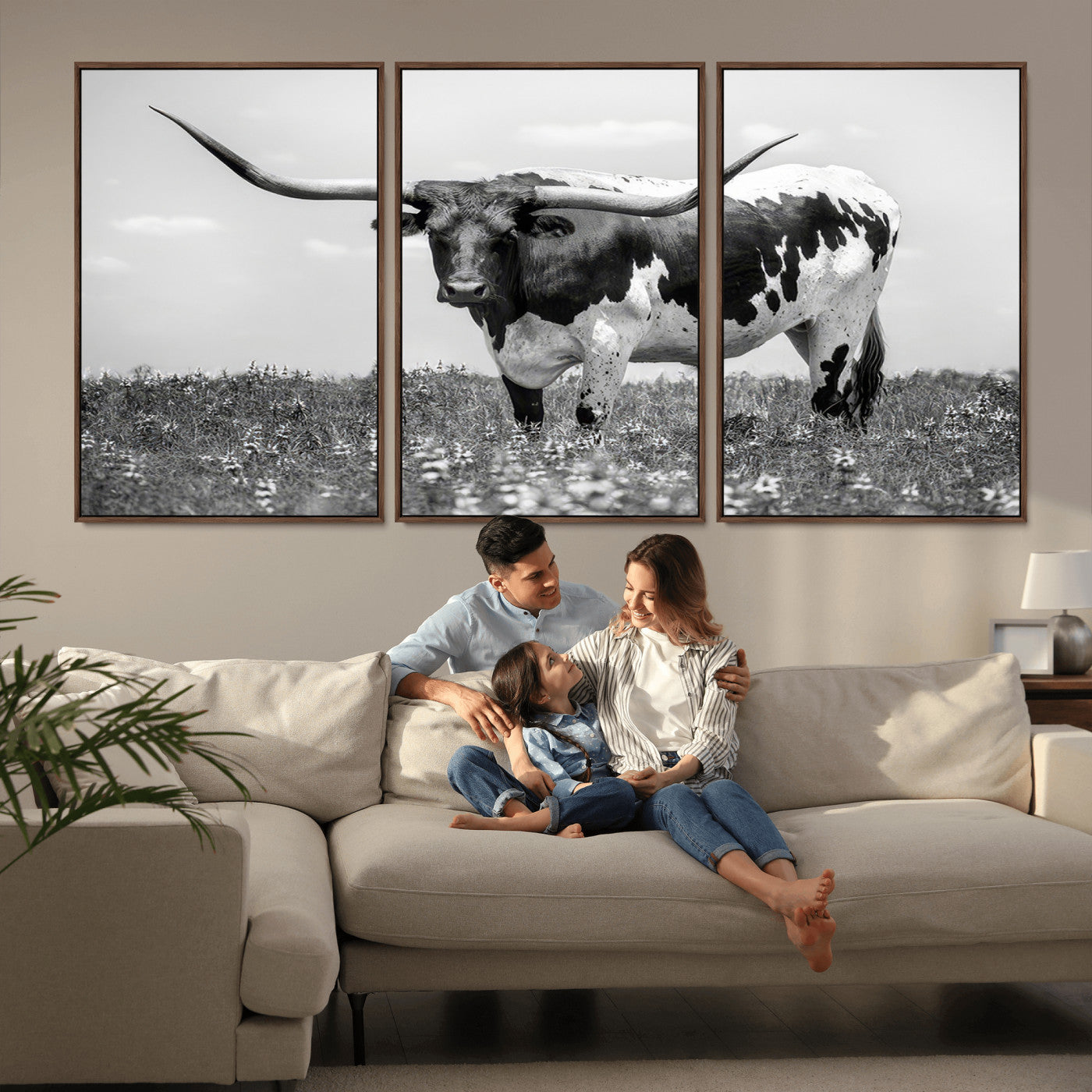 83785-MGV-CV-36X24-Texas Longhorn Wall Art Canvas Print, Framed Horned Bull Art Picture Print, Monochrome Cattle Perfect Rustic Western Decor Artwork