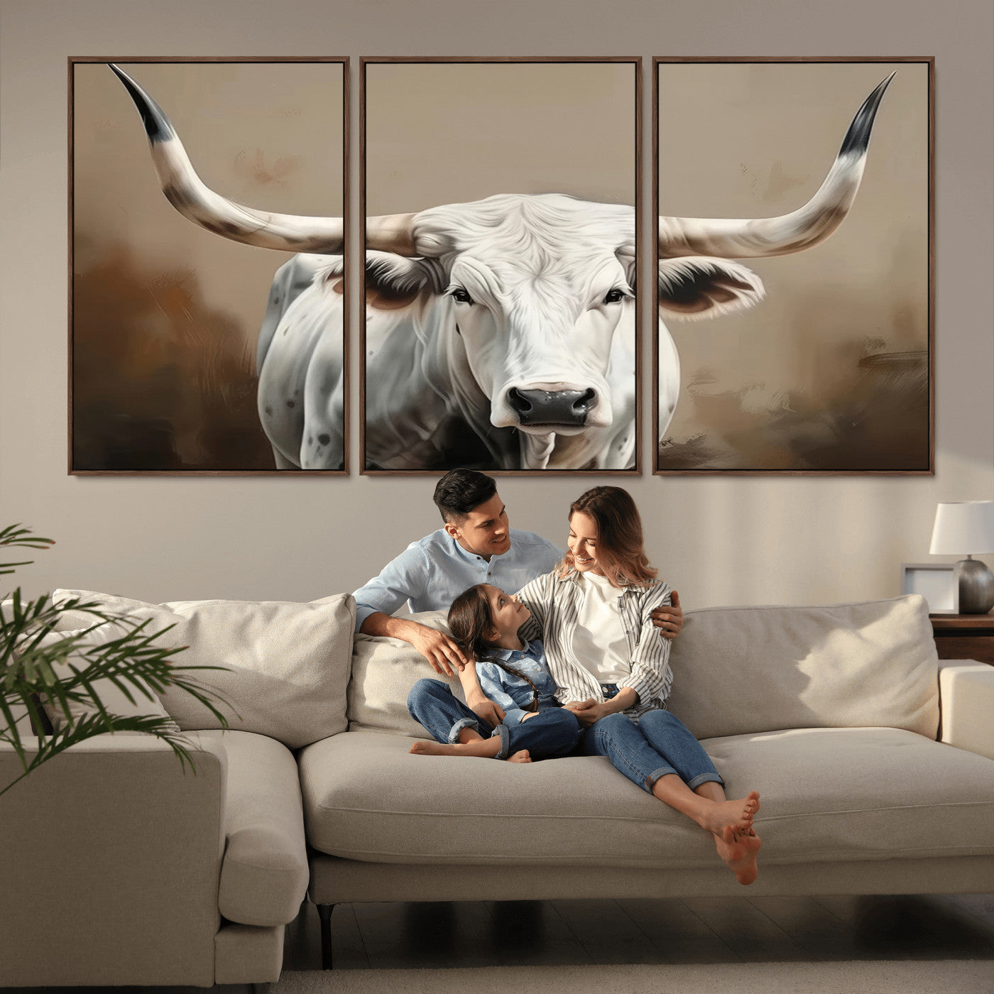 63550-MGV-CV-36X24-Texas Longhorn Wall Art Canvas Print, Framed White Bull Art Picture Print, Horned Cattle Perfect Rustic Western Decor Artwork