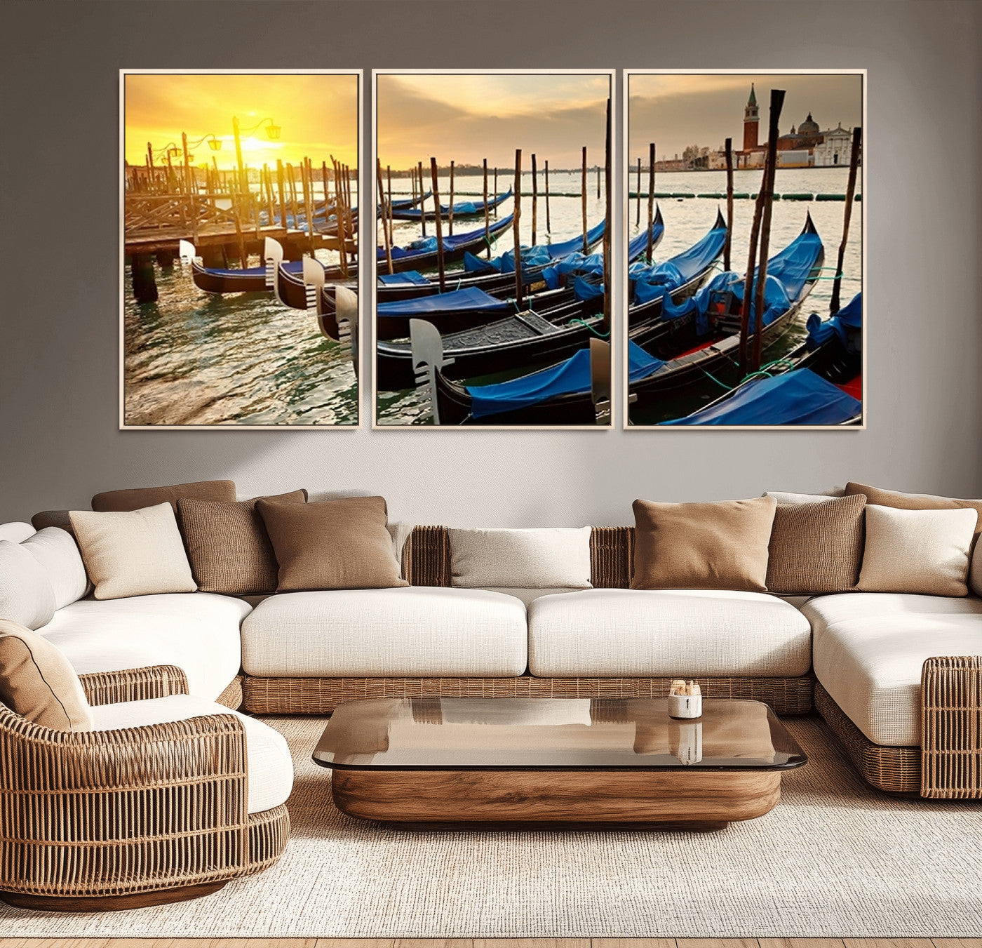 25872-MGV-CV-36X24-Venetian Gondola Dock Wall Art – Serene Sunset Canal Canvas Print, Tranquil Water Travel Decor for Office, Living Room, or Man