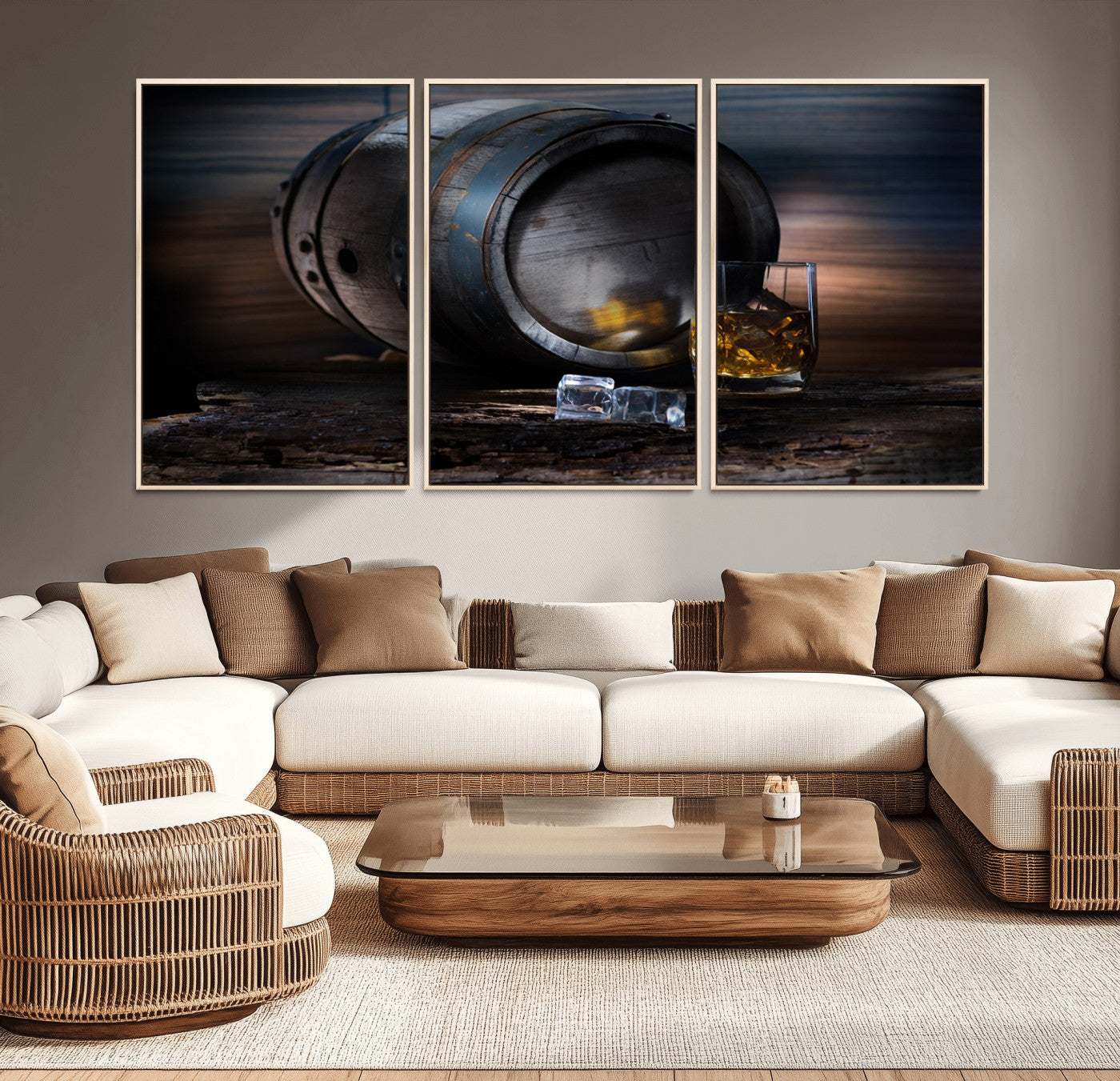 78049-MGV-CV-36X24-Whiskey Barrel Wall Art – Rustic Whiskey Barrel and Glass with Ice Canvas Print, Classic Bar or Lounge Decor for Home, Office, or