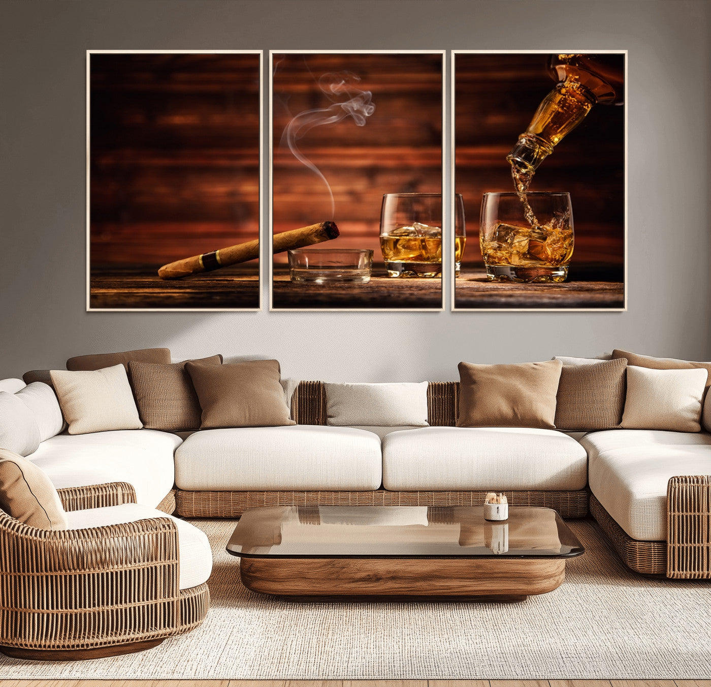 91042-MGV-CV-36X24-Whiskey & Cigar Wall Art – Elegant Whiskey Pour and Smoldering Cigar Canvas Print, Sophisticated Bar or Lounge Decor for Home,