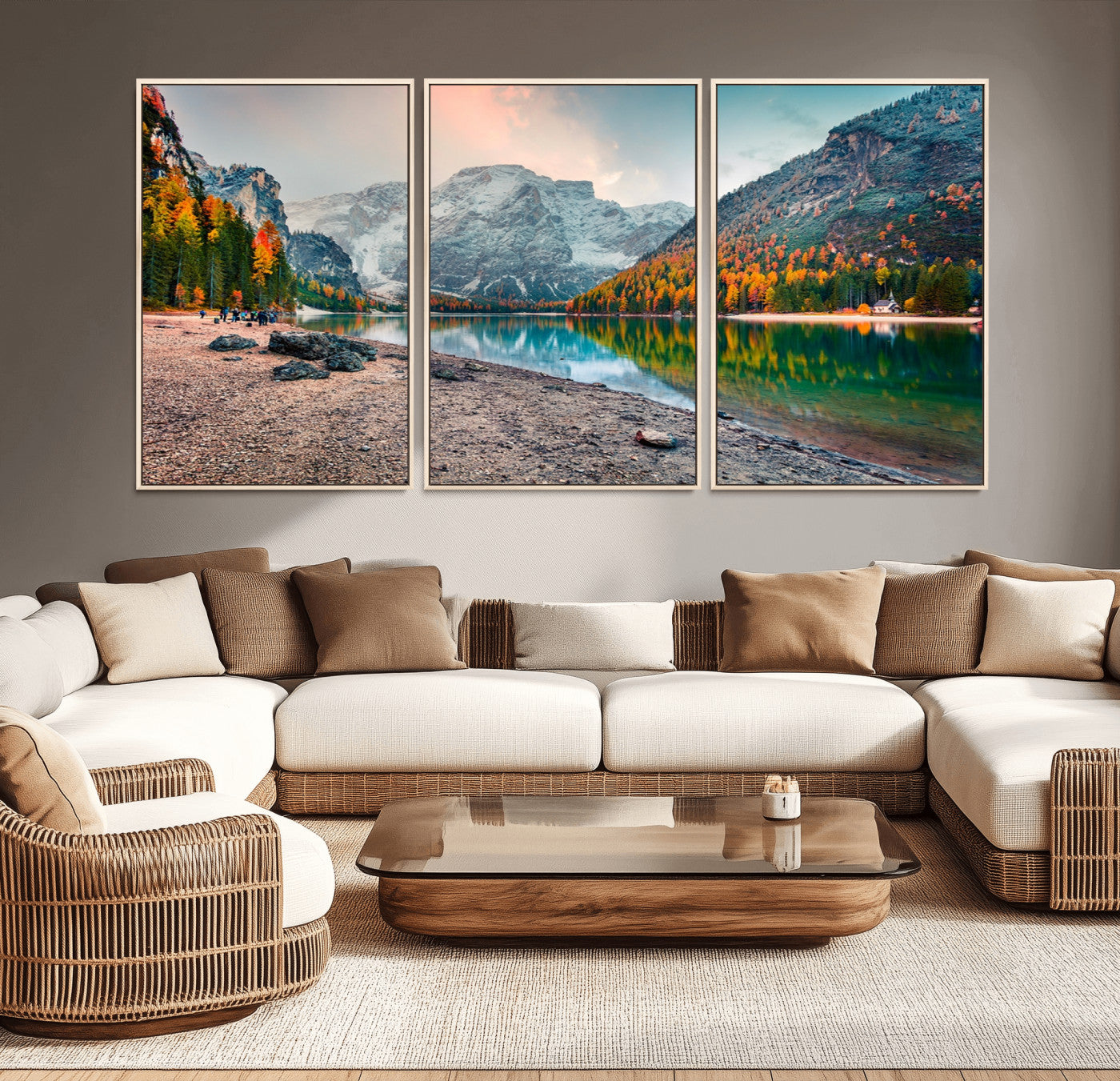 25982-MGV-CV-36X24-Autumn Mountain Lake Wall Art – Panoramic Fall Foliage and Snowy Peaks Canvas Print, Scenic Nature Decor for Living Room or Office